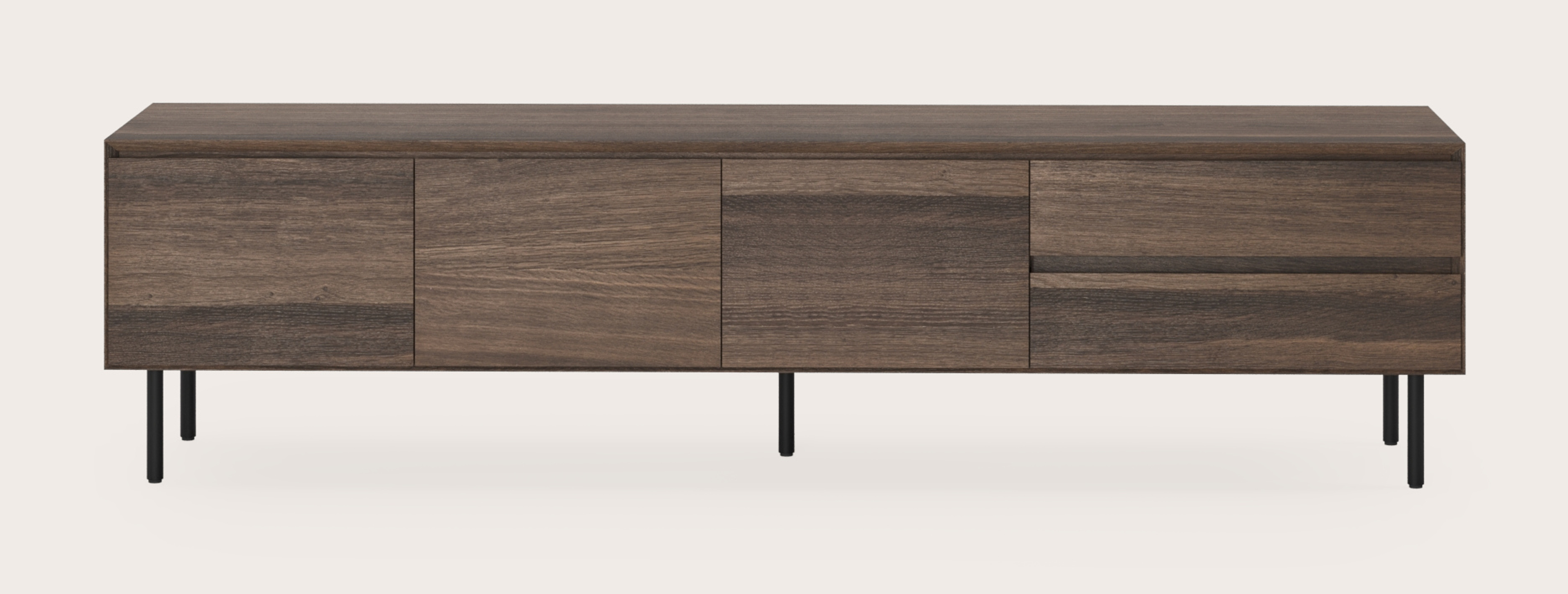 Meuble tv Arno en chêne fumé avec pieds ronds 200 x 45 cm