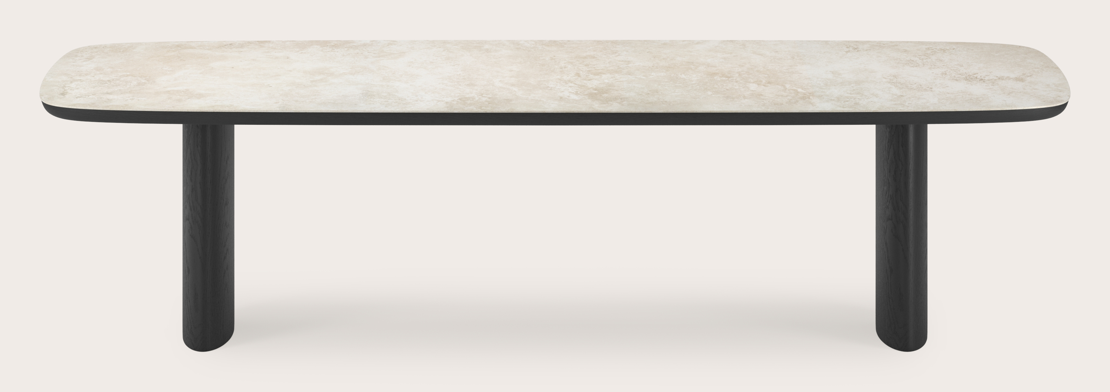 Eettafel Amato Ellipso onderstel in zwarte eik met bootvormig volkeramisch Ceramo blad in kleur Rapolano 300 x 115 x 76 cm