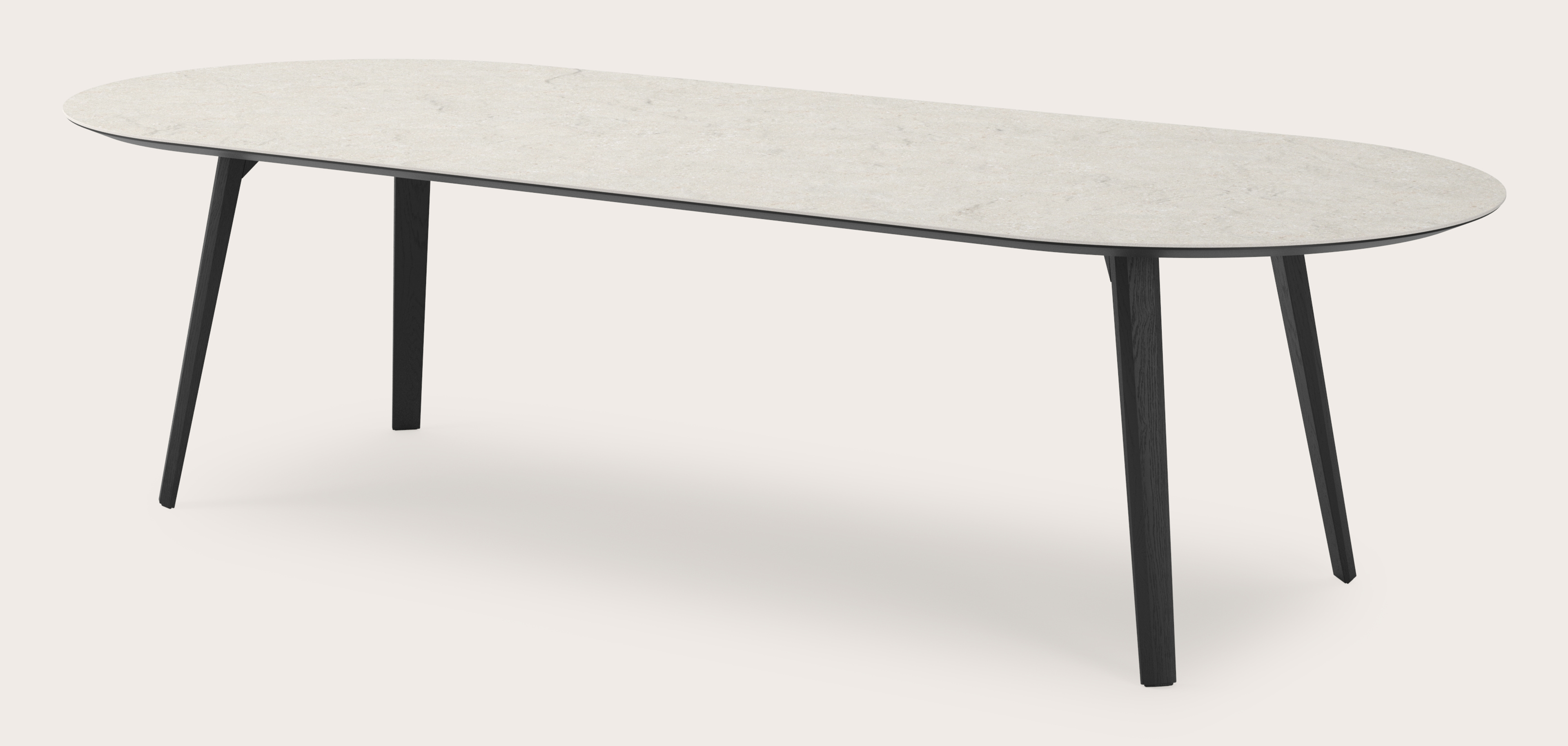 Eettafel Clino onderstel in zwarte eik met plat ovaal volkeramisch Ceramo blad in kleur Shilin 300 x 120 x 77 cm