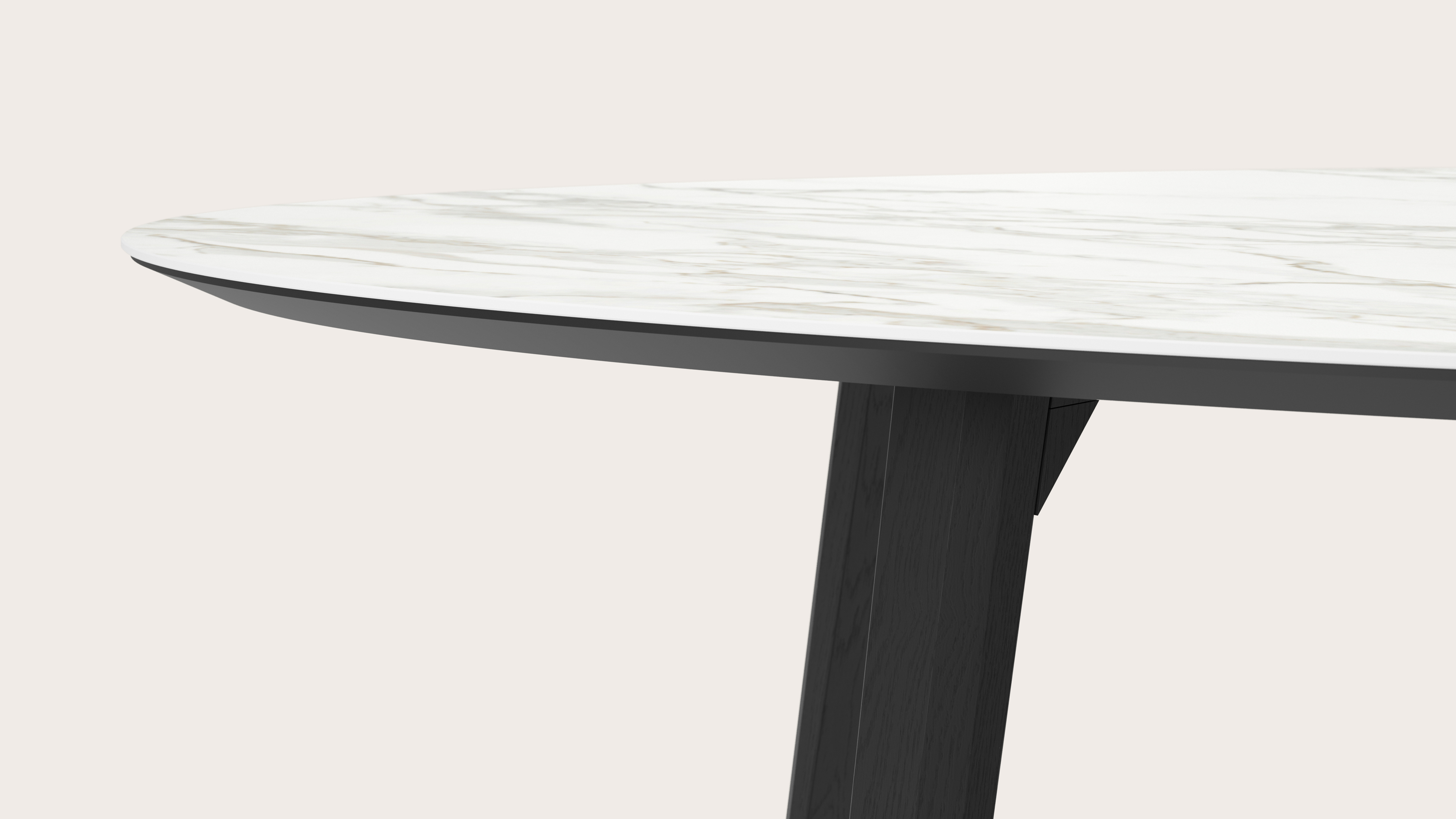 Eettafel Clino onderstel in zwarte eik met ovaal volkeramisch Ceramo blad in kleur Calacatta 300 x 140 x 77 cm