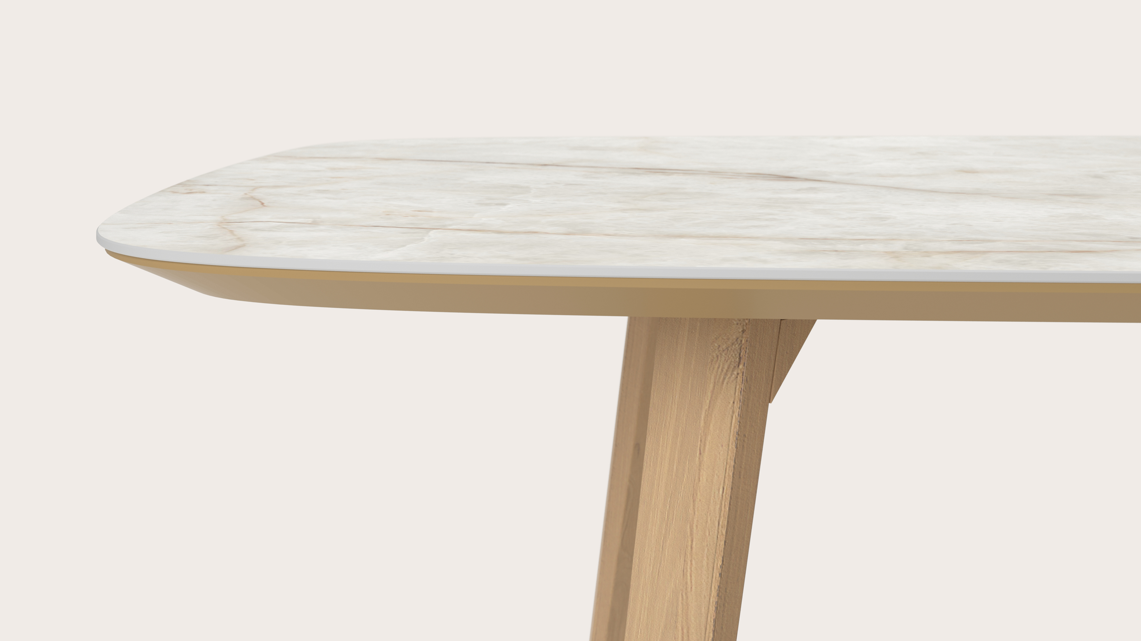 Eettafel Clino onderstel in natuurkleurige eik met bootvormig volkeramisch Ceramo blad in kleur Himalaya 300 x 115 x 77 cm