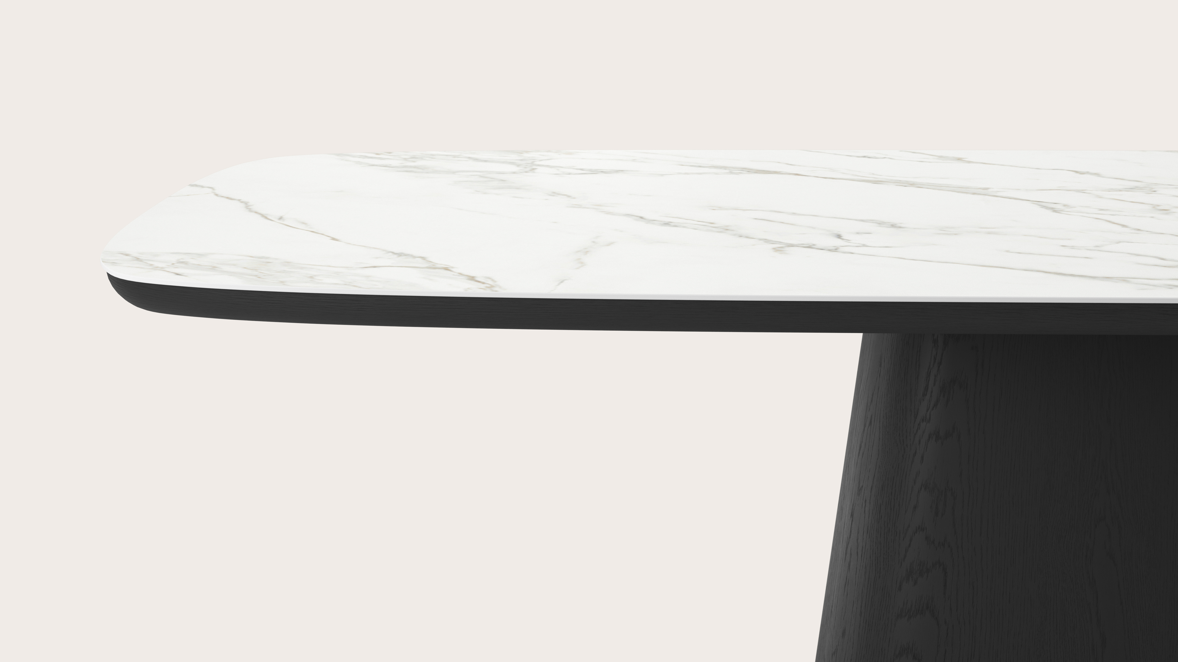 Eettafel Amato Cuadro onderstel in chêne noir avec plateau Ceramo forme arrondie en céramique en couleur Calacatta 260 x 110 x 77 cm