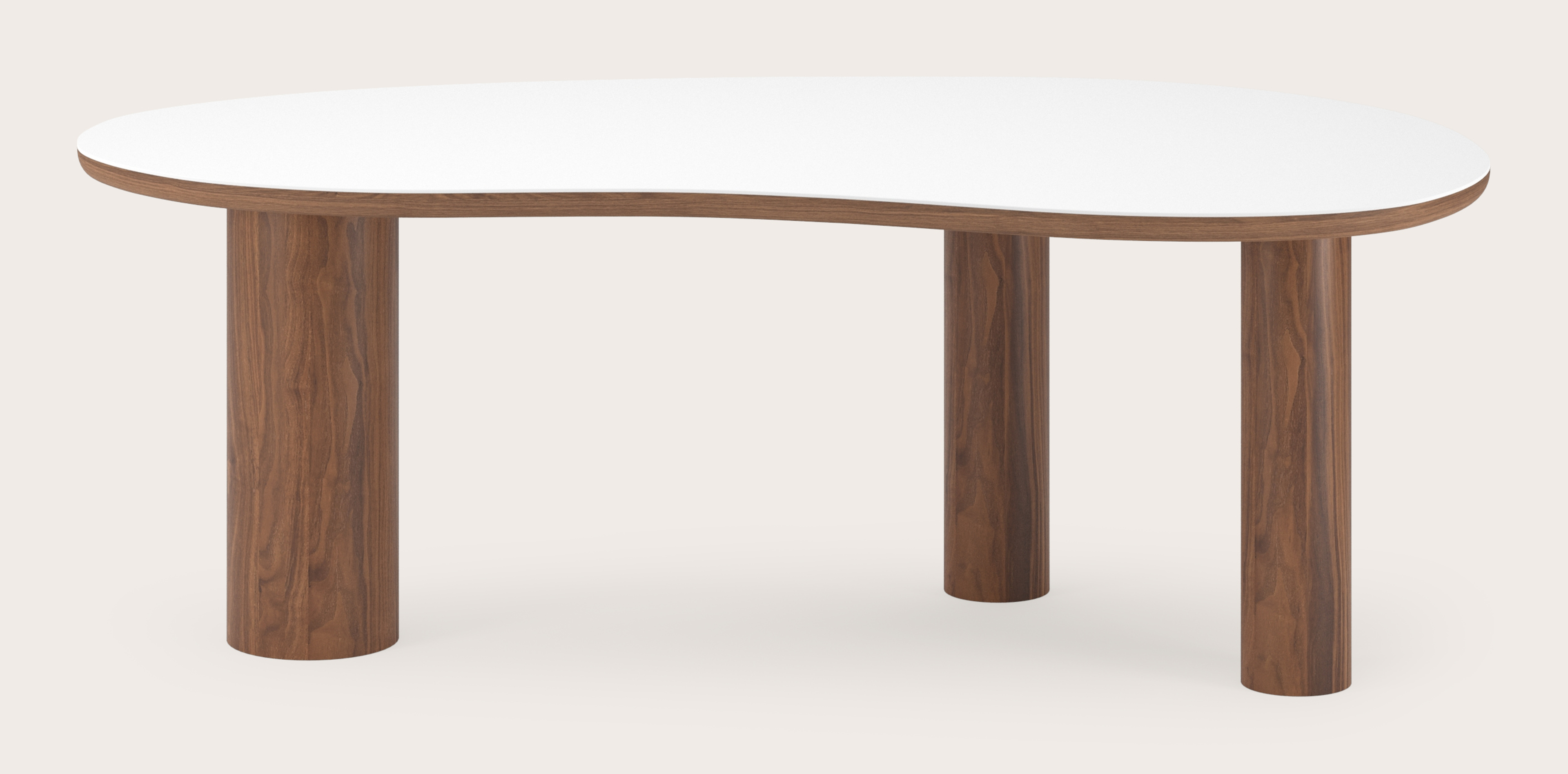 Table de salle à manger Amato Rondo armature en noyer avec plateau Ceramo forme blob en céramique en couleur Arctic White 220 x 112 x 77 cm