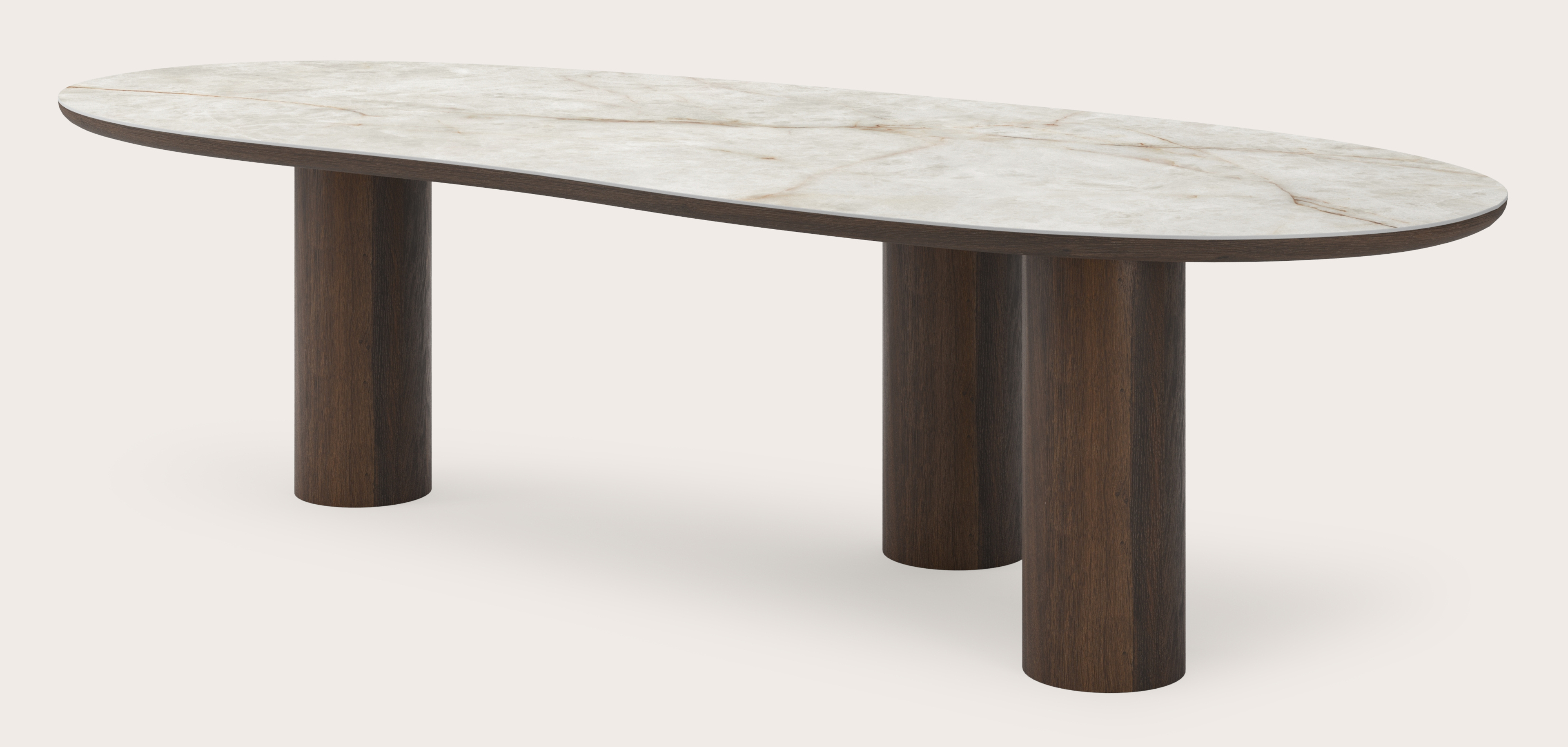 Table de salle à manger Amato Rondo armature en chêne fumé avec plateau Ceramo forme blob en céramique en couleur Himalaya 300 x 122 x 77 cm