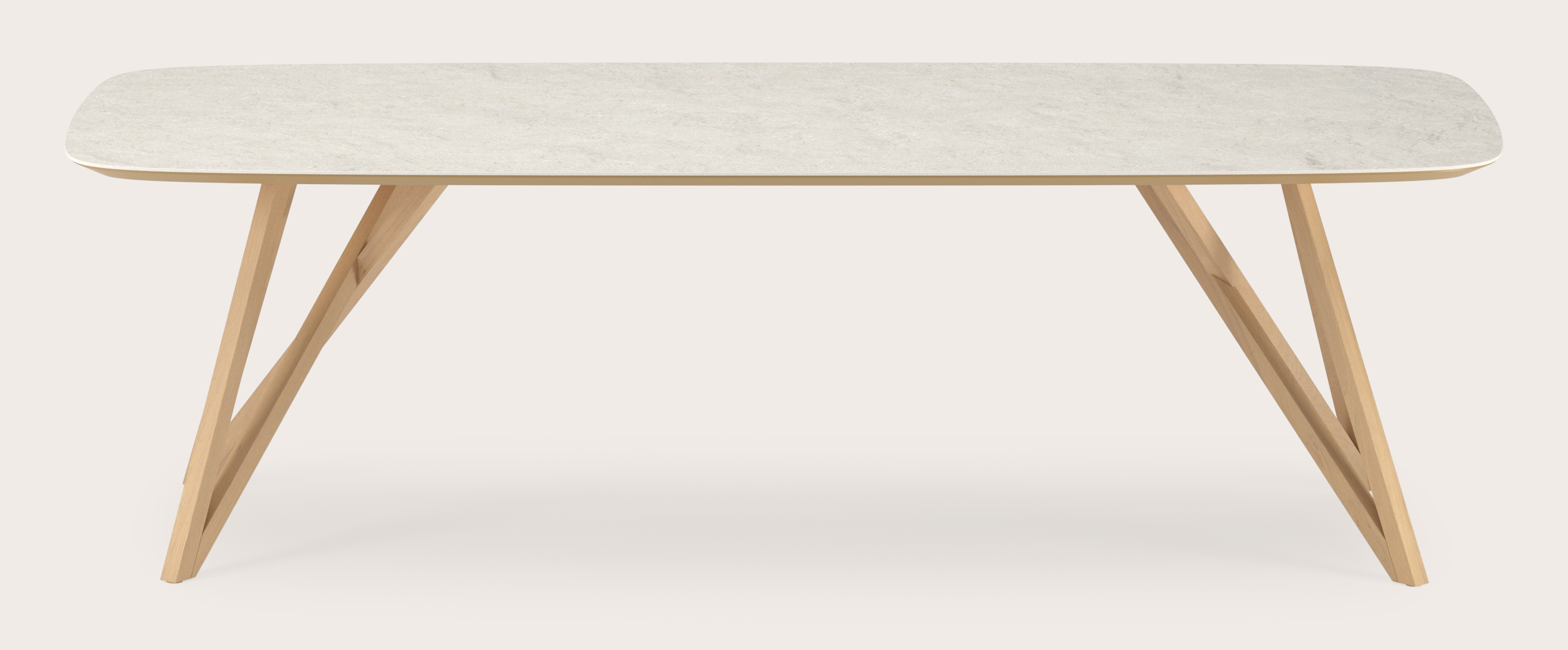Eettafel Ragno onderstel in natuurkleurige eik met bootvormig volkeramisch Ceramo blad in kleur Shilin 260 x 110 x 77 cm