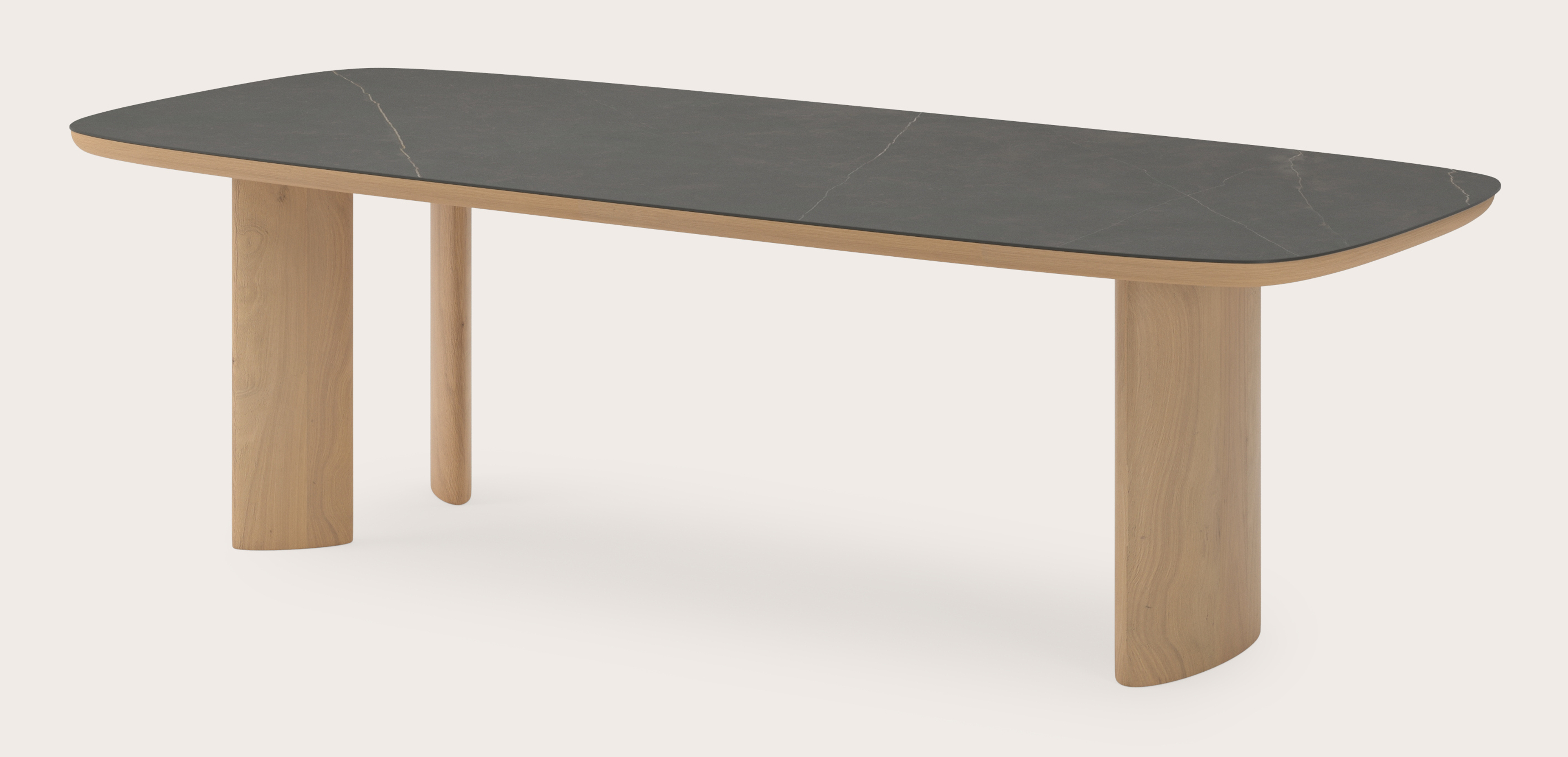 Table de salle à manger Amato Ellipso armature en chêne couleur naturelleavec plateau Ceramo forme arrondie en céramique en couleur Calatorao 260 x 110 x 76 cm