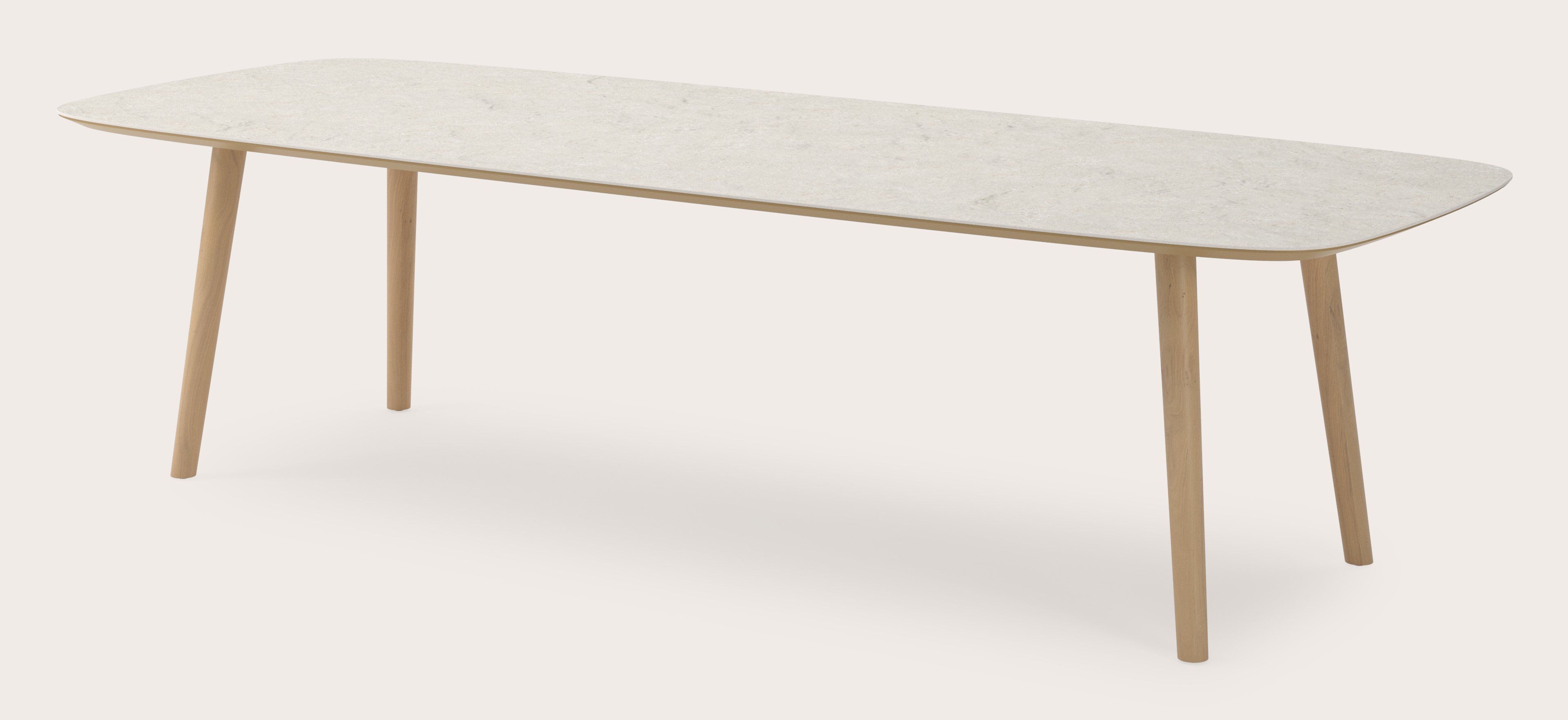 Eettafel Conico onderstel in natuurkleurige eik met bootvormig volkeramisch Ceramo blad in kleur Shilin 300 x 115 x 77 cm