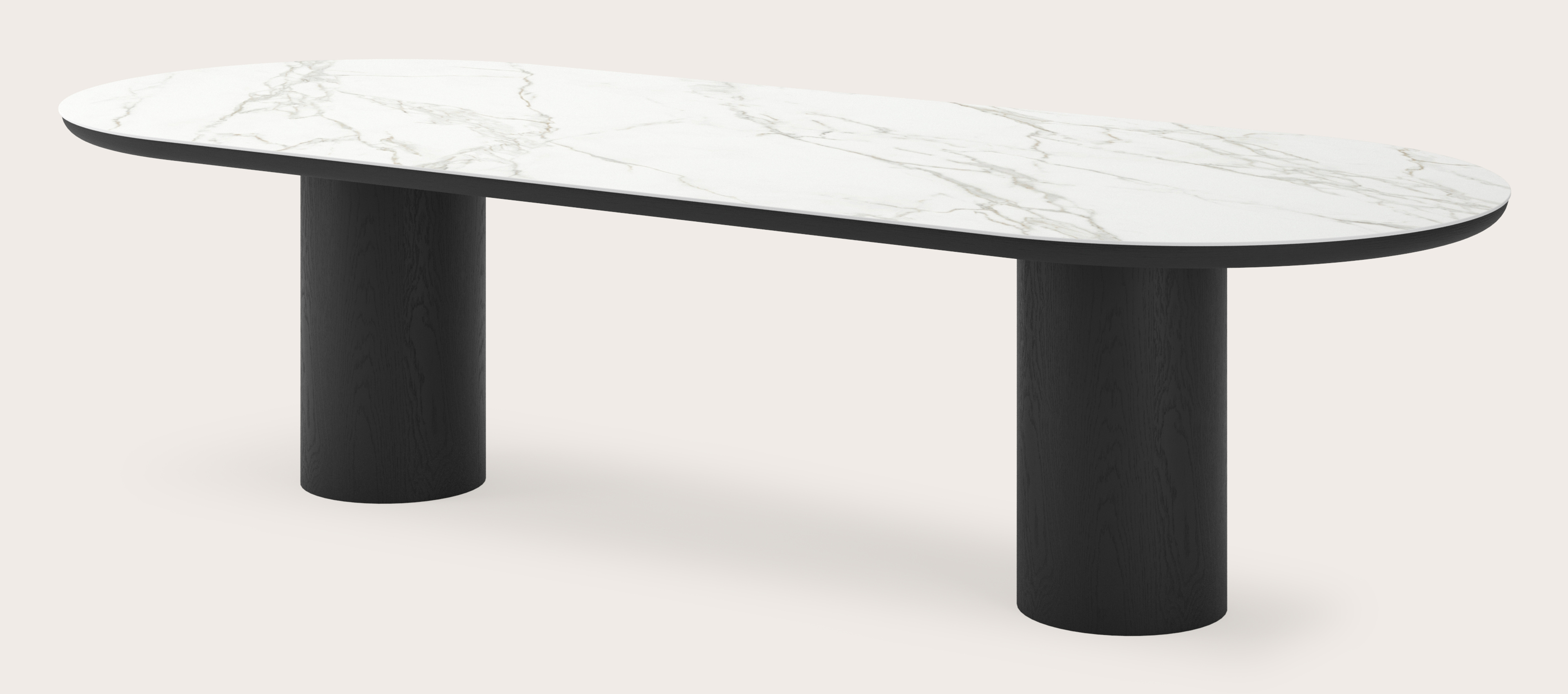 Table de salle à manger Amato Rondo armature en chêne noir avec plateau Ceramo ovale plat en céramique en couleur Calacatta 300 x 120 x 76 cm