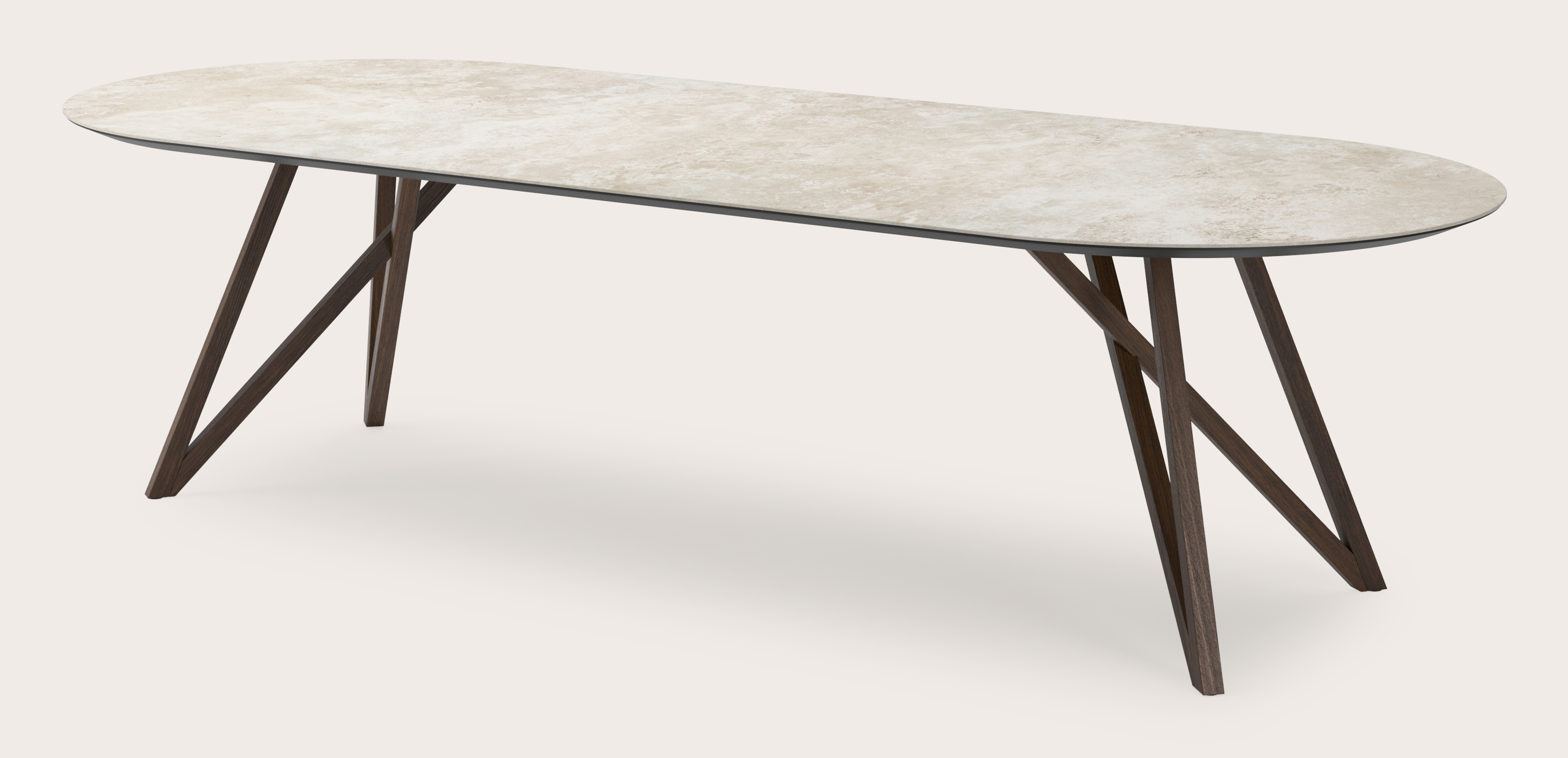 Table de salle à manger Ragno armature en chêne fumé avec plat plateau Ceramo ovale en céramique en couleur Rapolano 300 x 120 x 77 cm