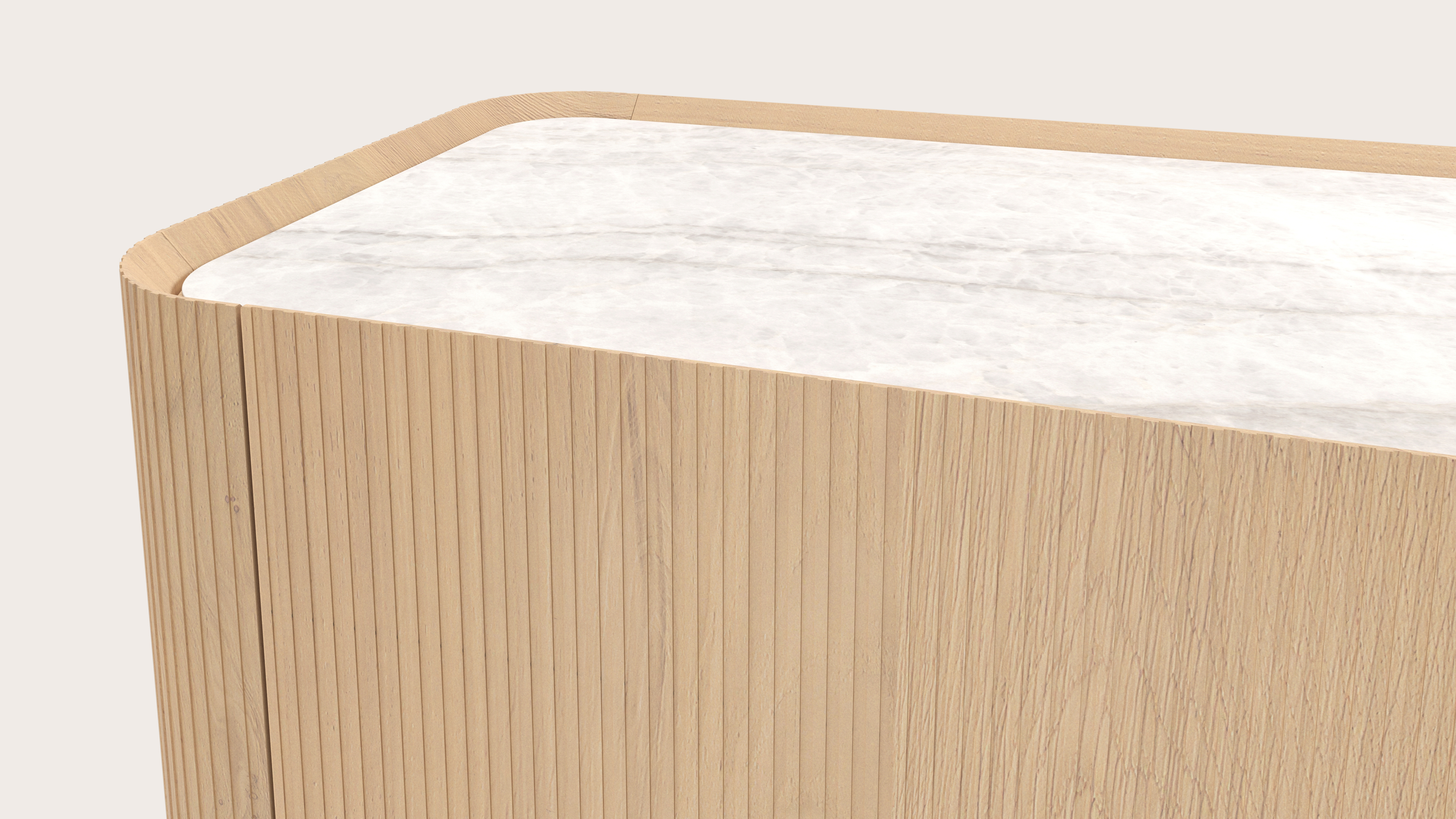 Grivato dressoir in natuurkleurige eik met ronde poten met volkeramisch Ceramo blad in kleur Taj Mahal 203 x 45 cm