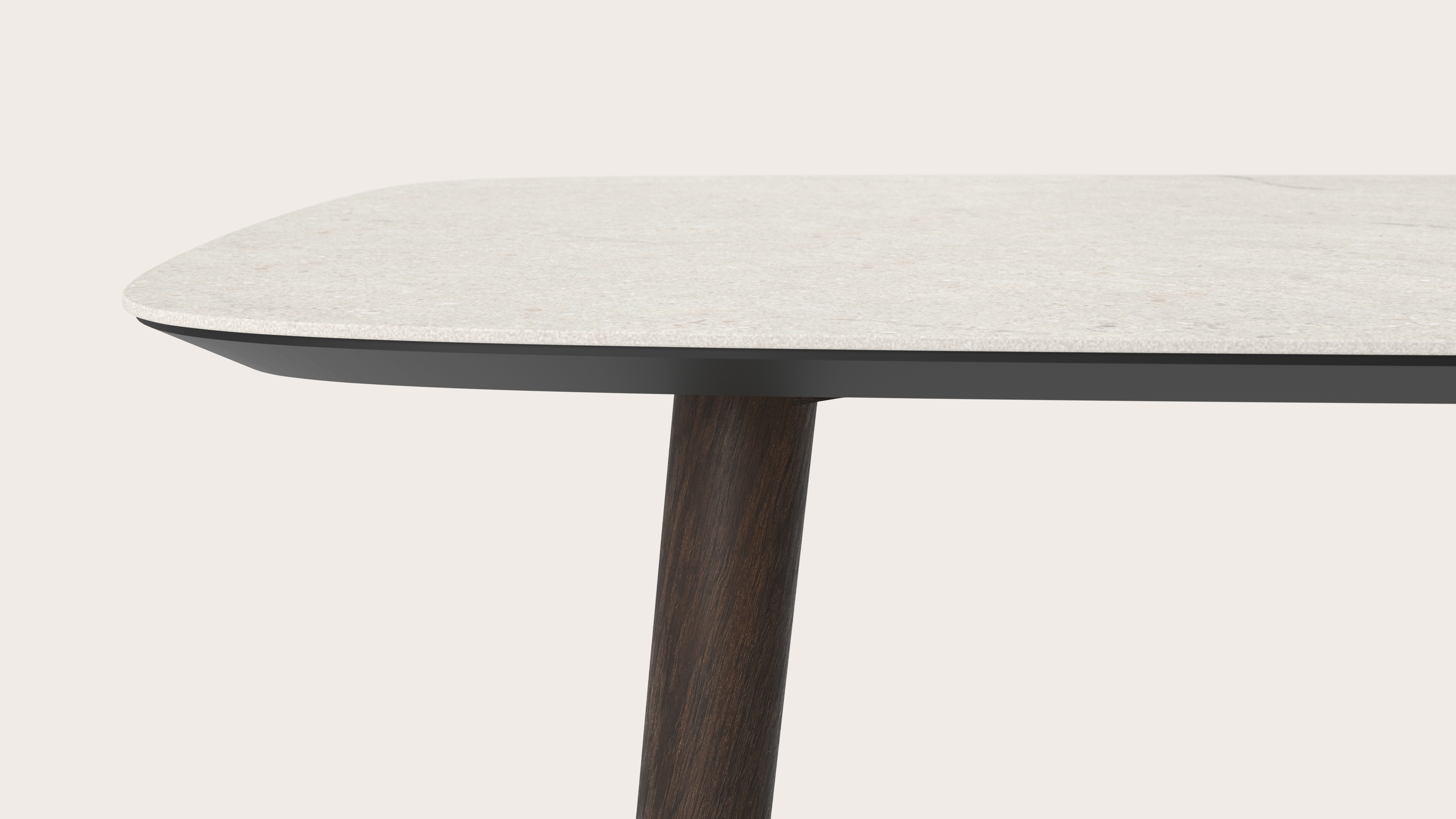 Table de salle à manger Conico armature en chêne fumé avec plateau Ceramo forme arrondie en céramique en couleur Shilin 260 x 110 x 77 cm