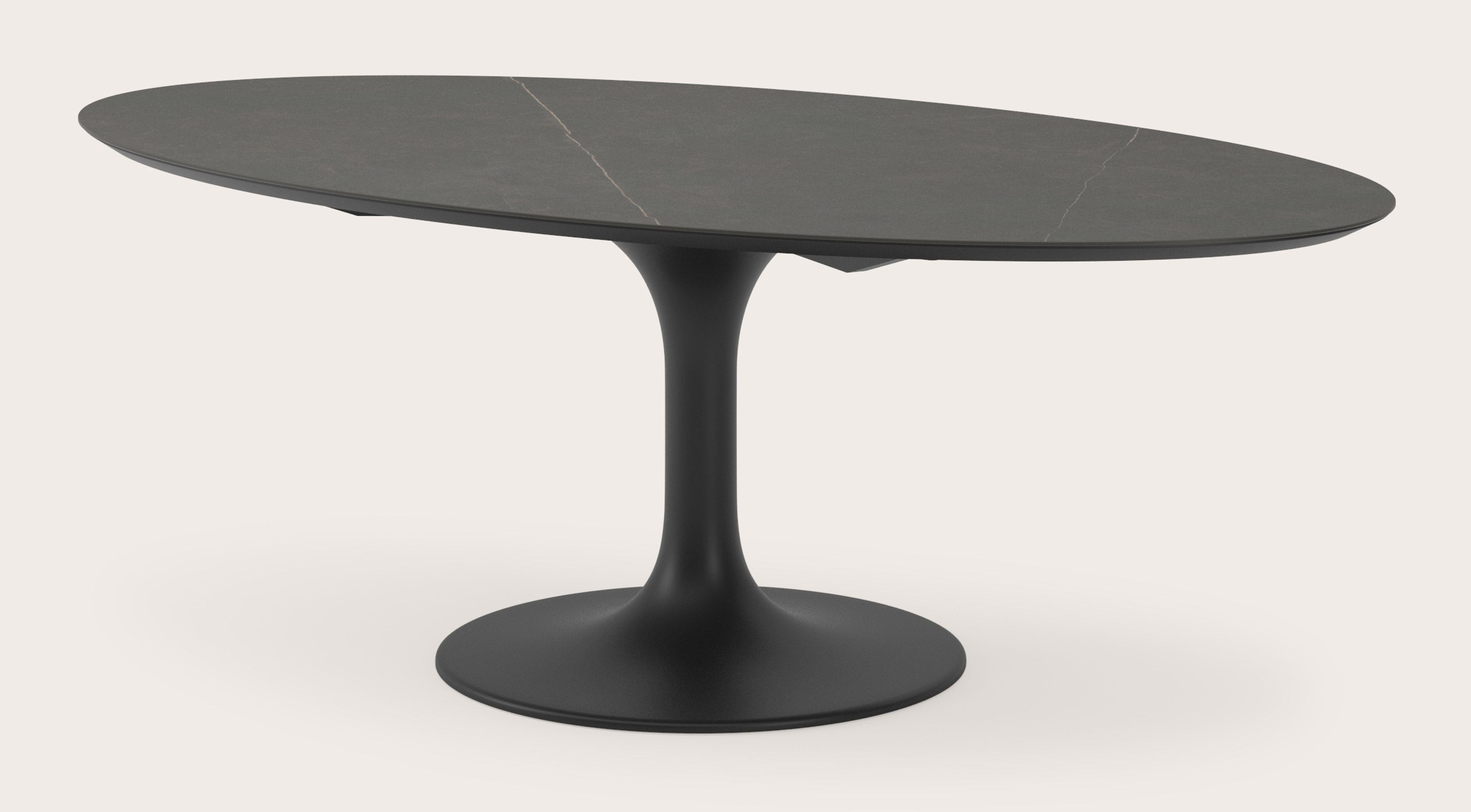 Eettafel Tulipo onderstel in zwart metaal met ovaal volkeramisch Ceramo blad in kleur Calatorao 220 x 120 x 77 cm