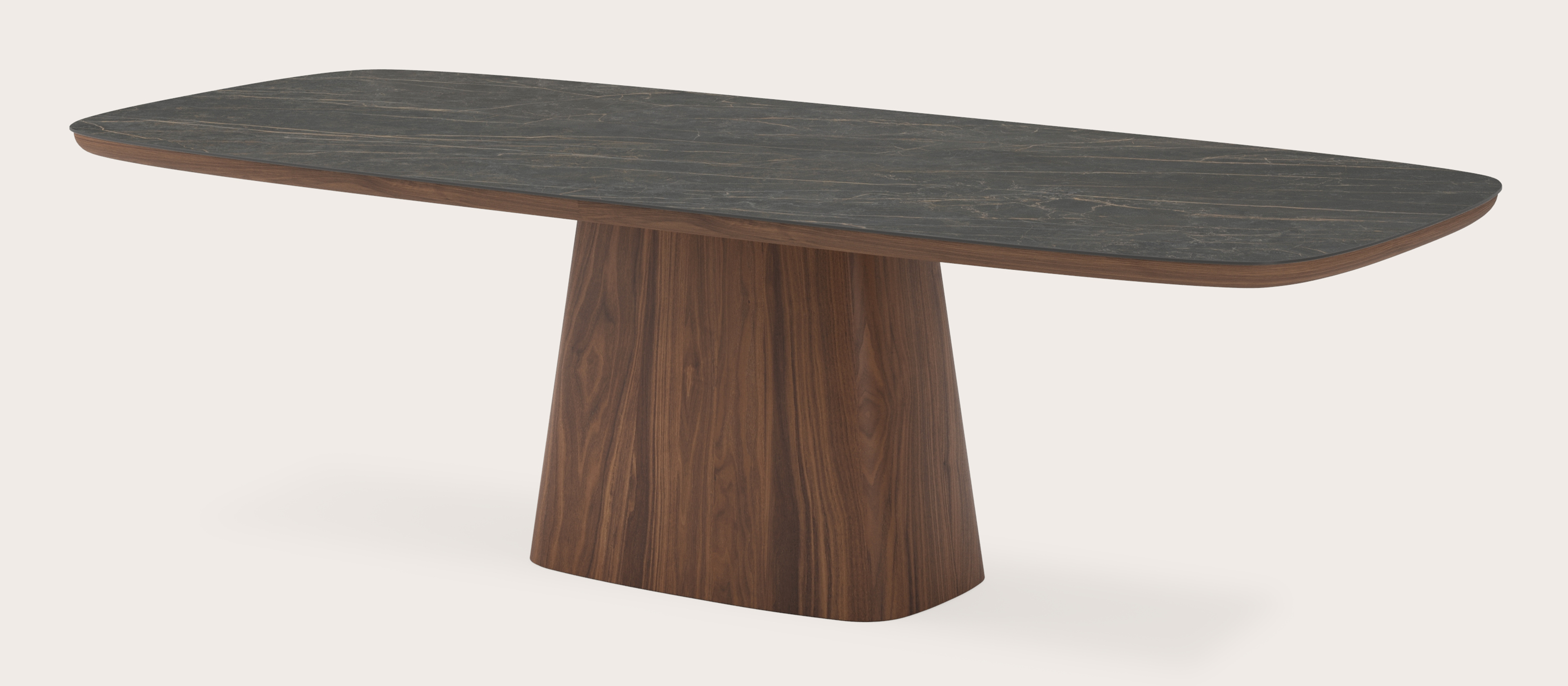 Eettafel Amato Cuadro onderstel in noyer avec plateau Ceramo forme arrondie en céramique en couleur Black Obsession 260 x 110 x 77 cm