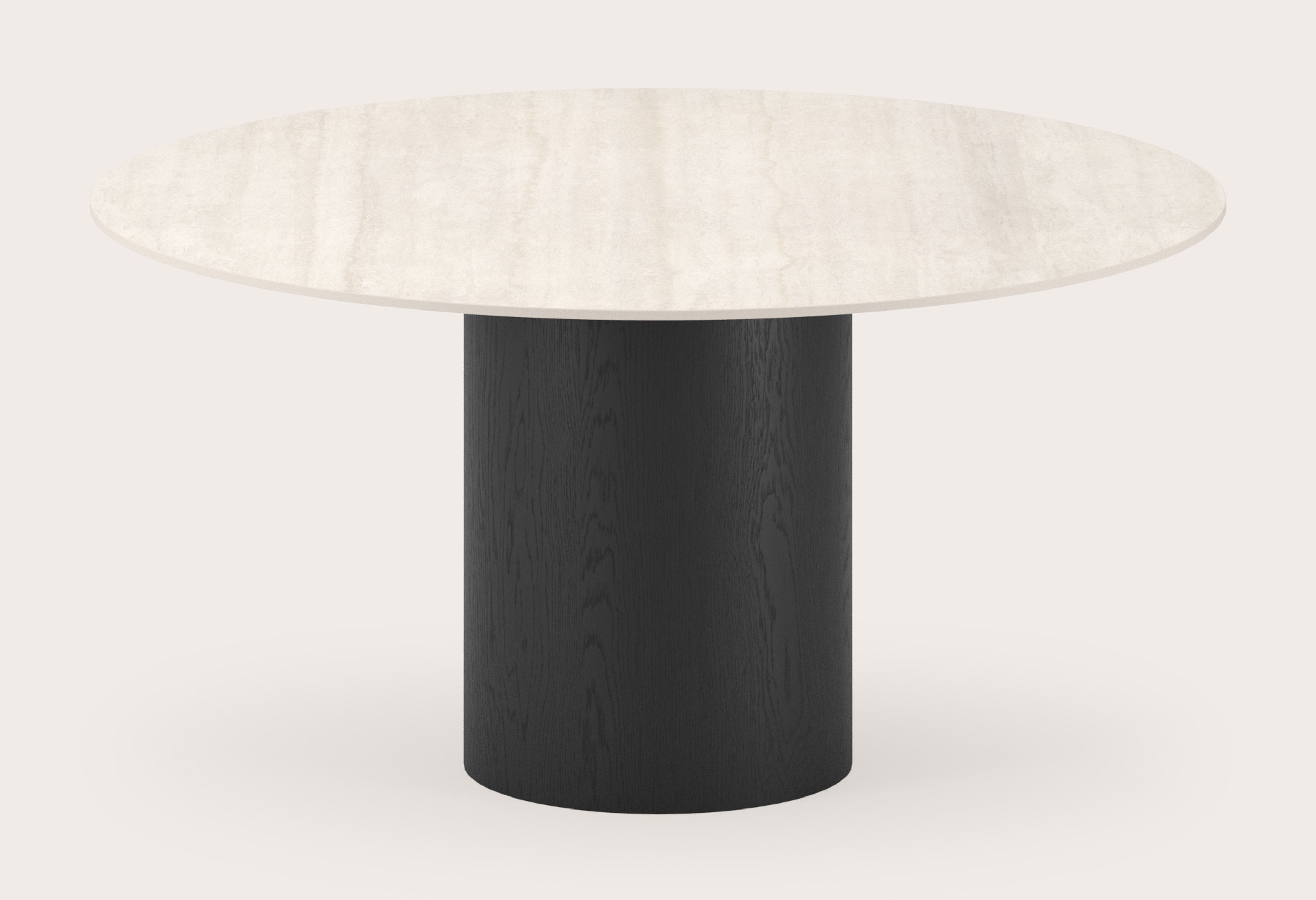 Table à manger Amato Rondo armature en chêne noir avec plateau ronde céramique Ceramo Lux en couleur Travertino Bianco Ø140 cm