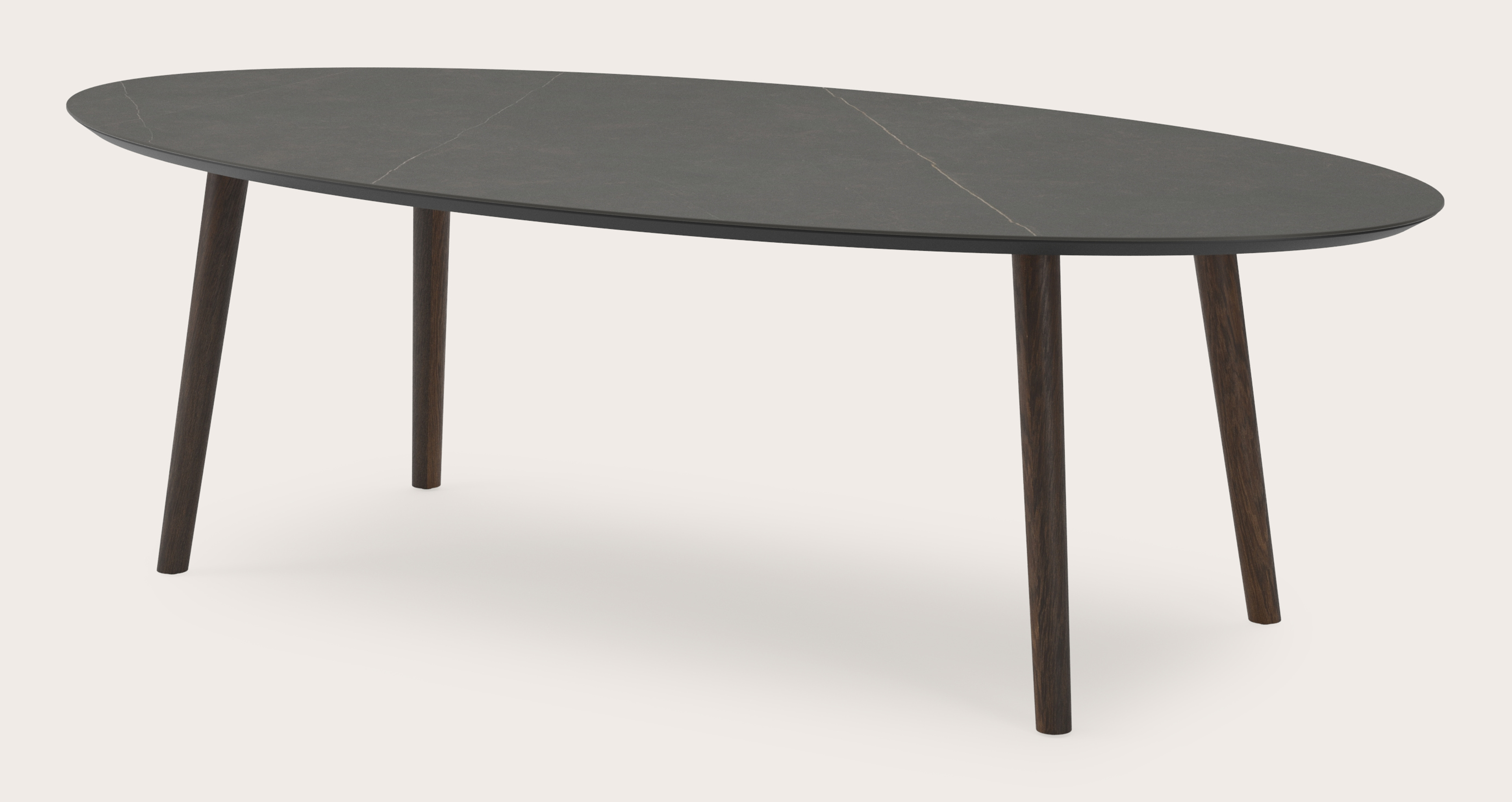Eettafel Conico onderstel in gerookte eik met ovaal volkeramisch Ceramo blad in kleur Calatorao 260 x 130 x 77 cm