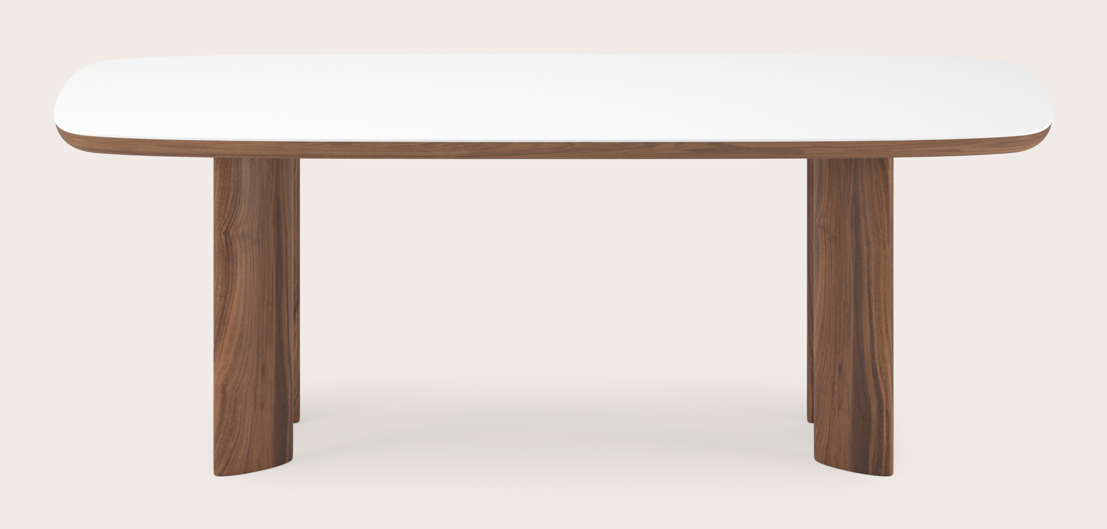 Eettafel Amato Ellipso onderstel in walnoot met bootvormig volkeramisch Ceramo blad in kleur Arctic White 220 x 105 x 76 cm