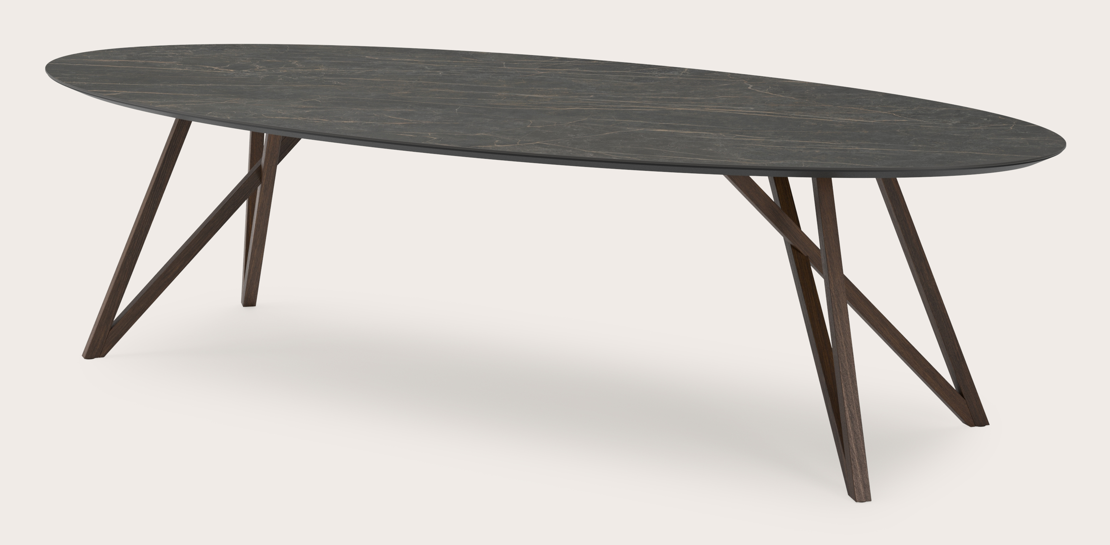 Table de salle à manger Ragno armature en chêne fumé avec plateau Ceramo ovale en céramique en couleur Black Obsession 300 x 140 x 77 cm