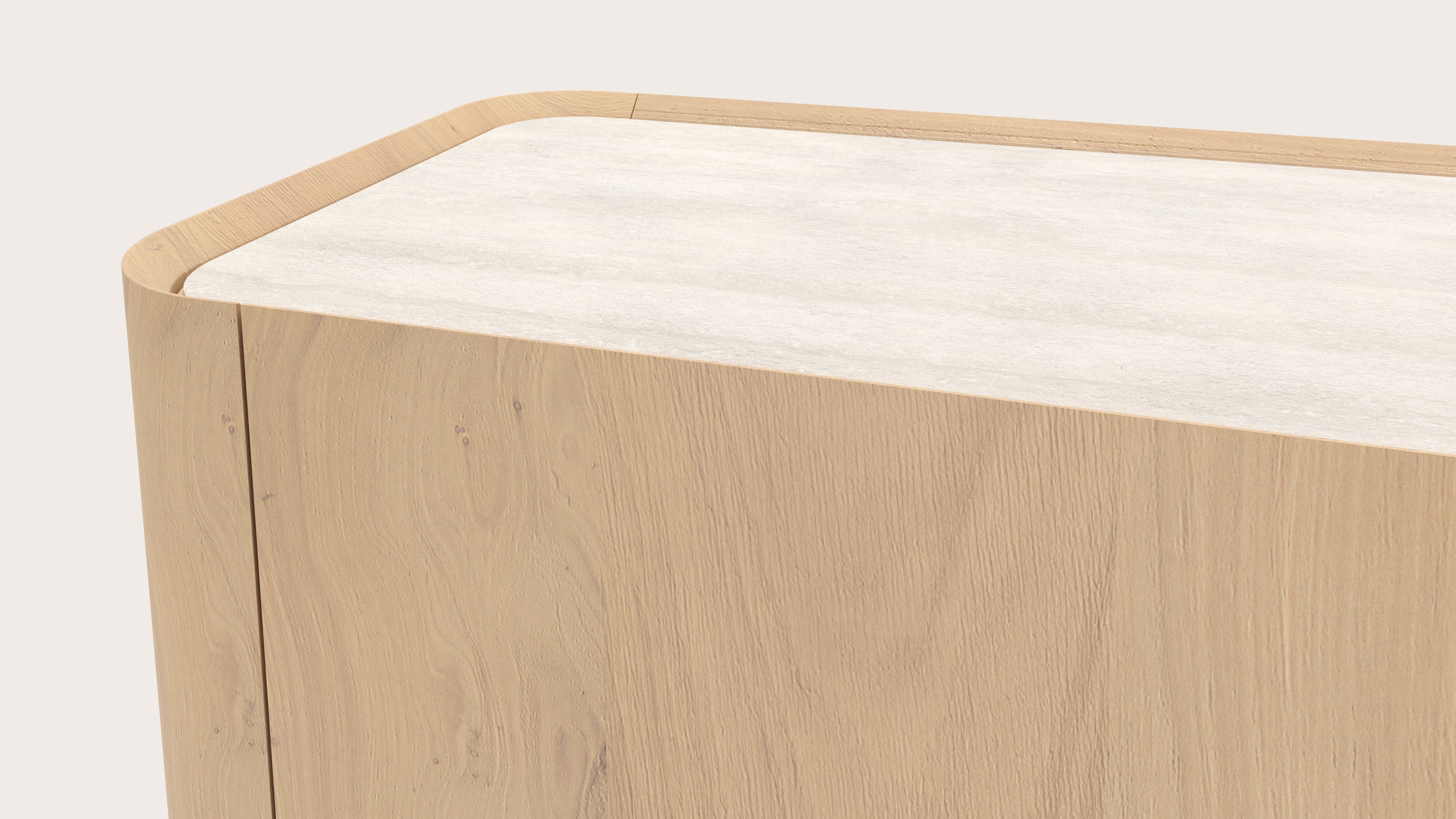 Buffet Curvato en chêne couleur naturelle avec pieds ronds en bois avec plateau Ceramo en céramique en couleur Travertino Bianco 169 x 45 x 76 cm