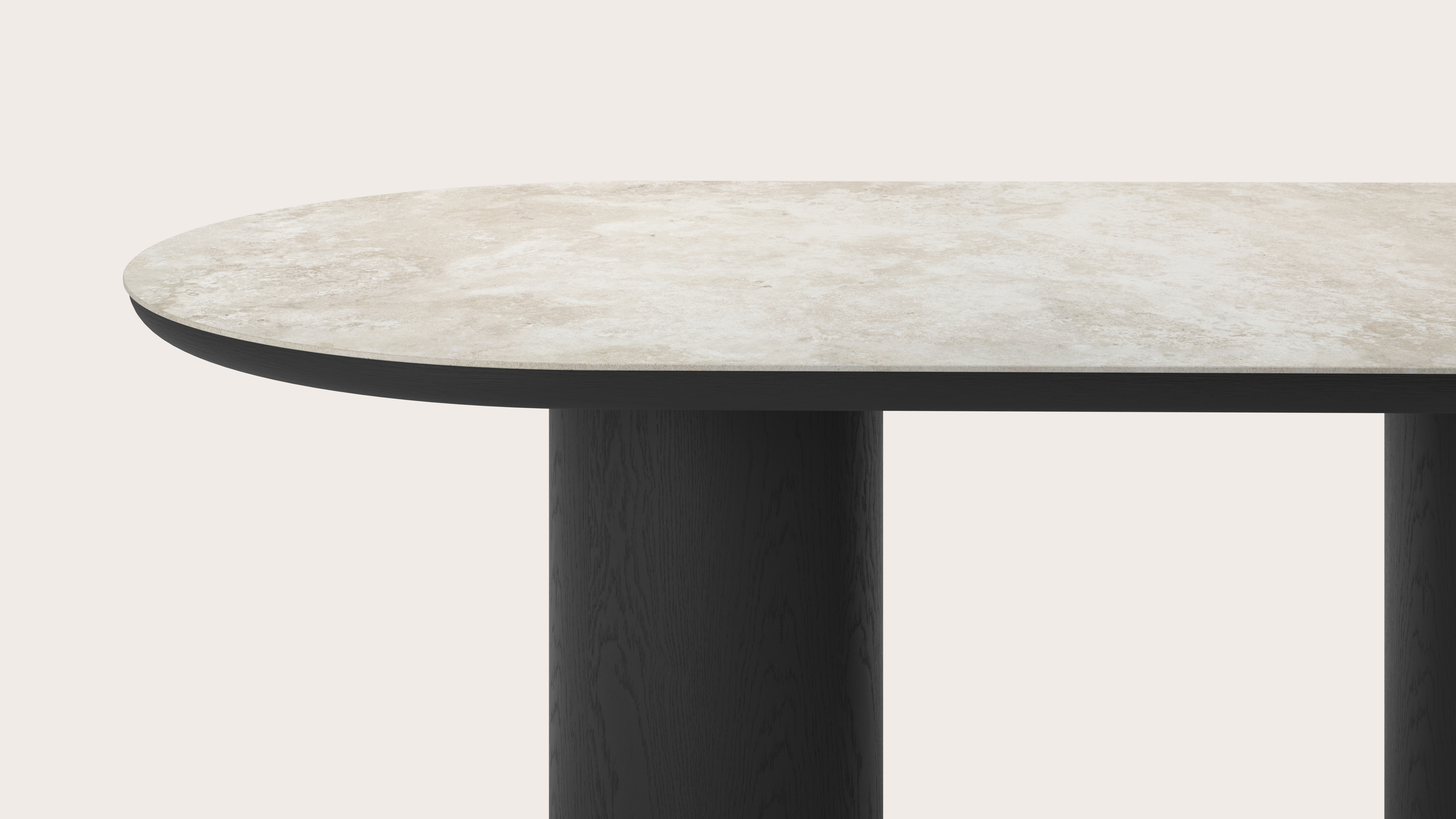 Eettafel Amato Rondo onderstel in zwarte eik met plat ovaal volkeramisch Ceramo blad in kleur Rapolano 220 x 110 x 76 cm