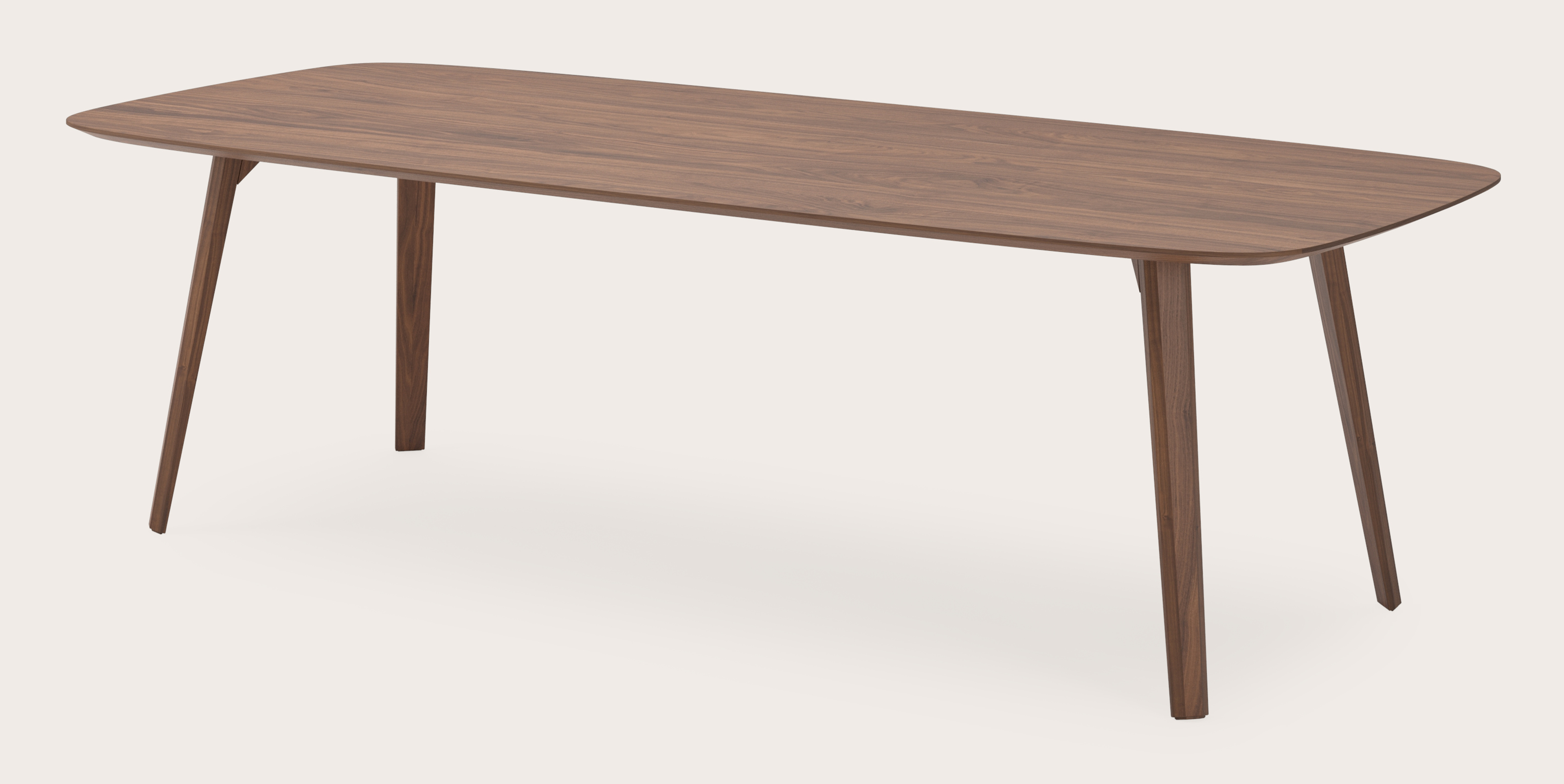 Eettafel Clino onderstel in walnoot met bootvormig Finesso blad in walnoot 260 x 110 x 76 cm