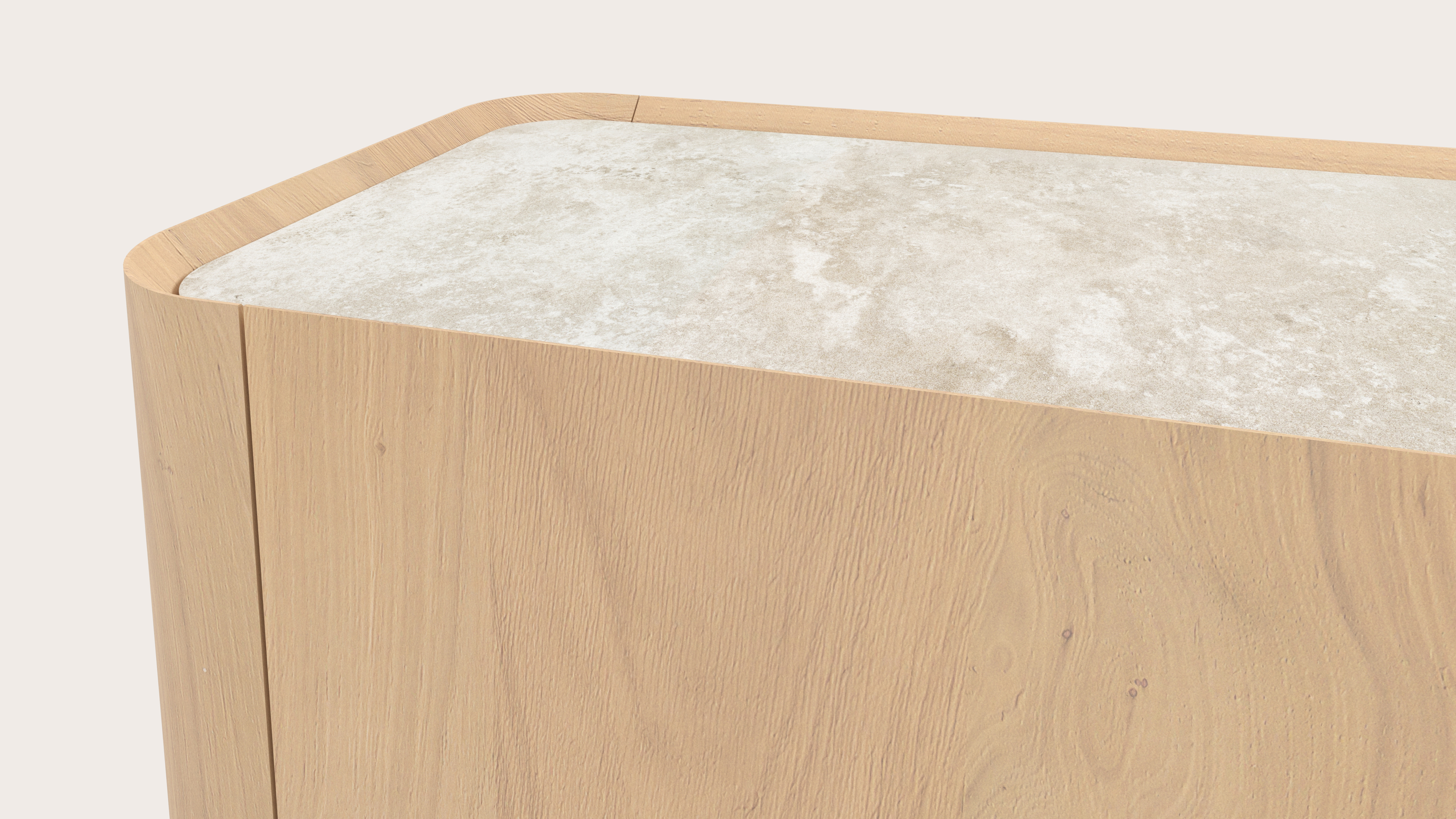 Curvato tv-meubel in natuurkleurige eik met volkeramisch Ceramo blad in kleur Rapolano 249 x 45 x 34 cm