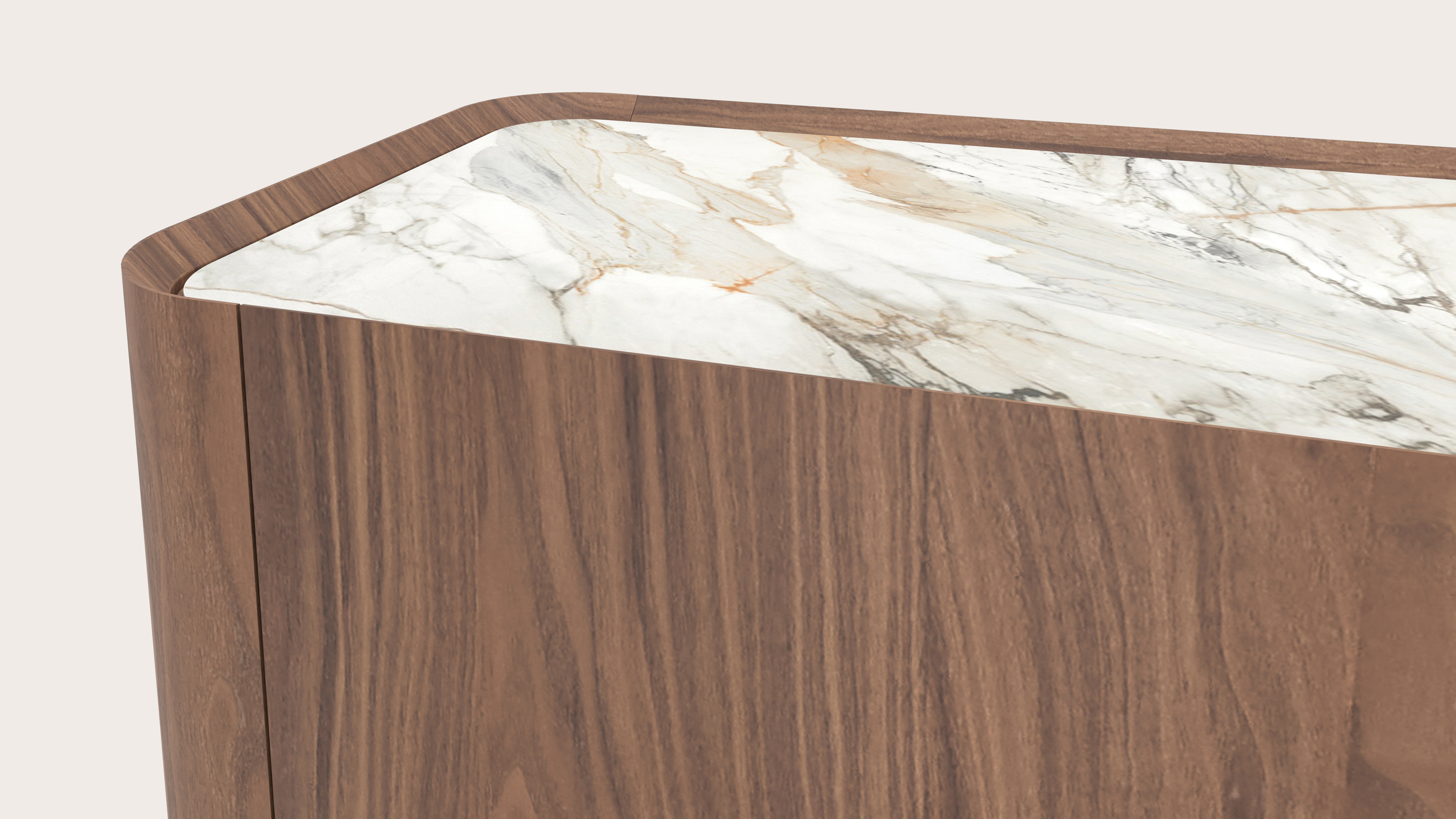 Meuble tv Curvato en noyer avec pieds ronds en bois avec plateau Ceramo en céramique en couleur Calacatta Luxe 169 x 45 x 44 cm