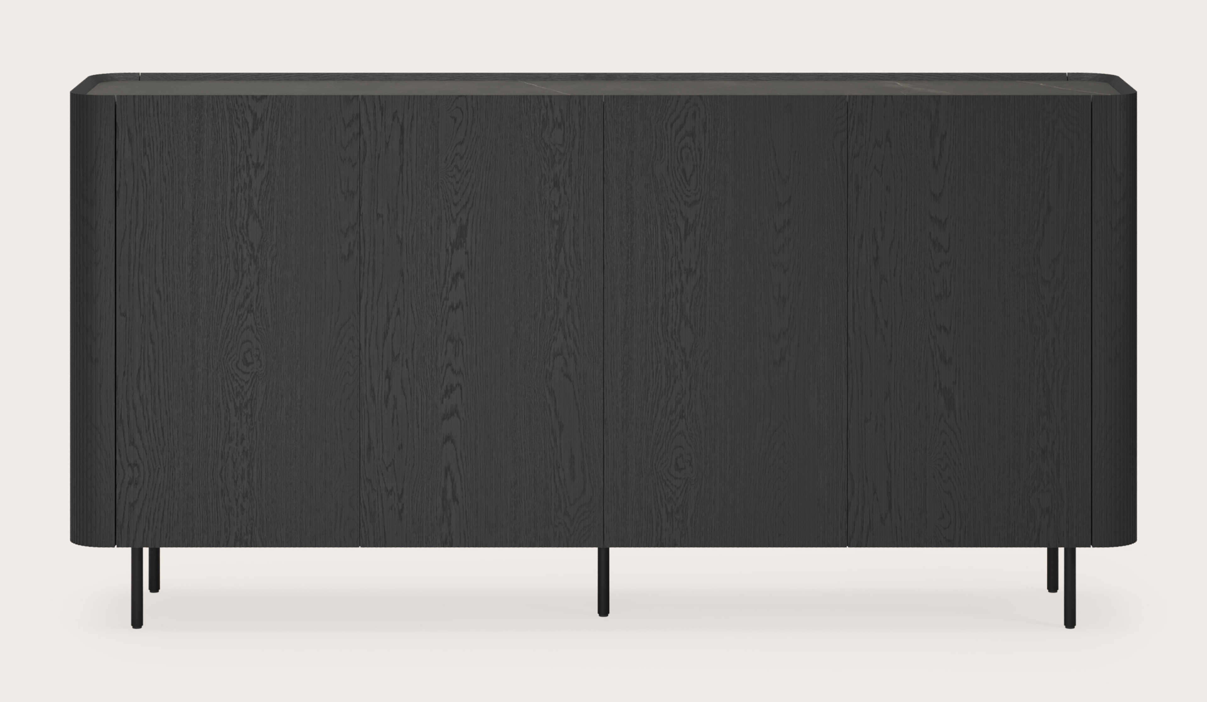 Grivato hoge dressoir in zwarte eik met ronde poten met volkeramisch Ceramo blad in kleur Calatorao 219 x 45 cm