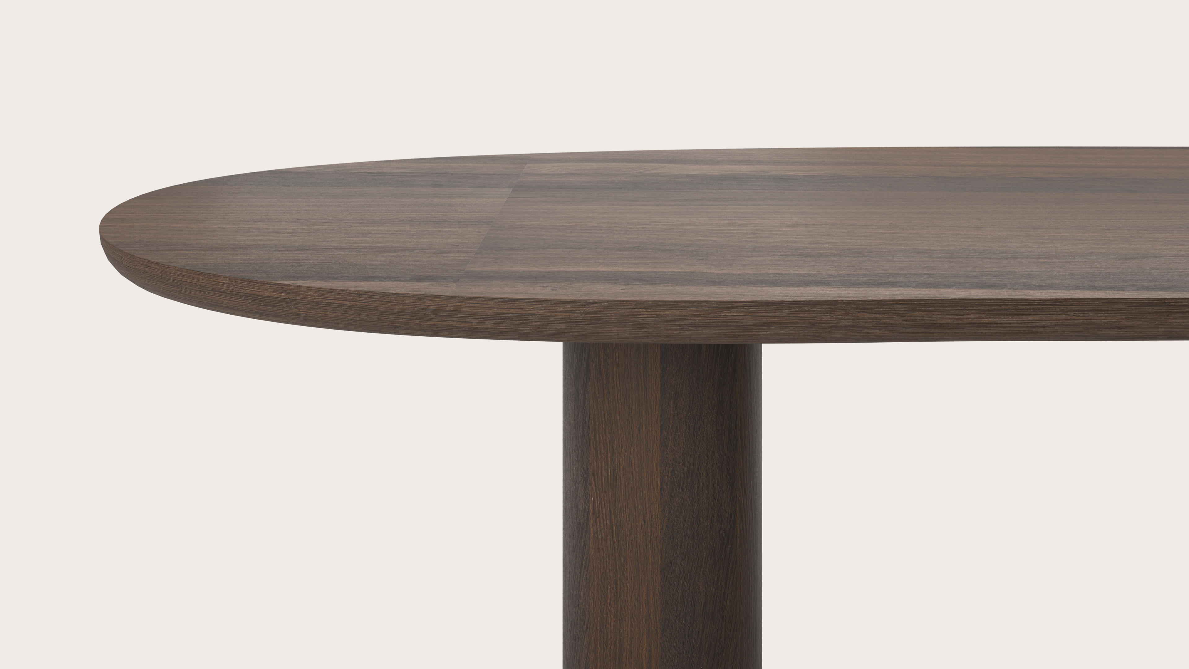Eettafel Amato Rondo onderstel met blobvormig Amato blad in gerookte eik  340 x 127 x 76 cm