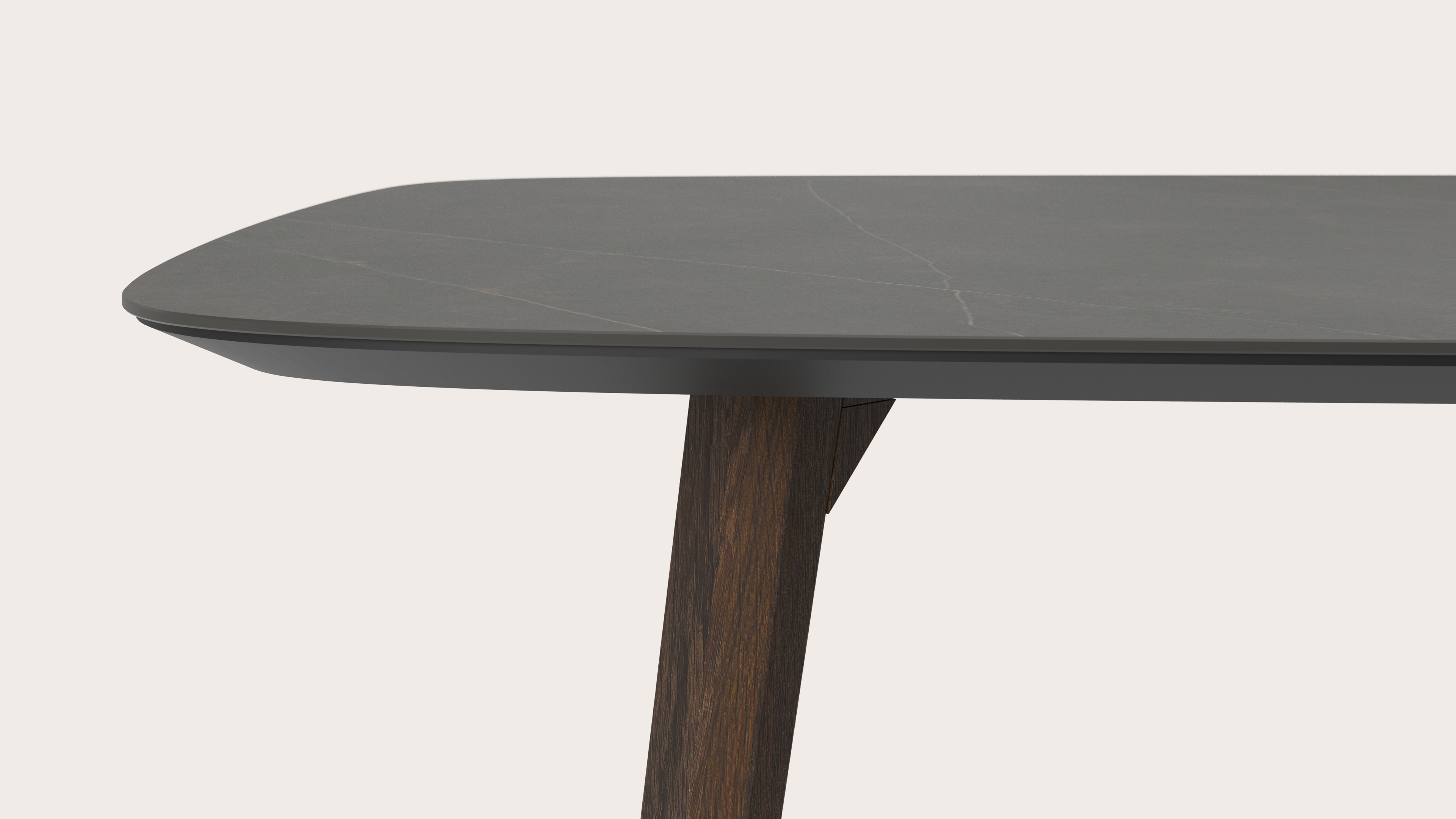 Eettafel Clino onderstel in gerookte eik met bootvormig volkeramisch Ceramo blad in kleur Calatorao 260 x 110 x 77 cm