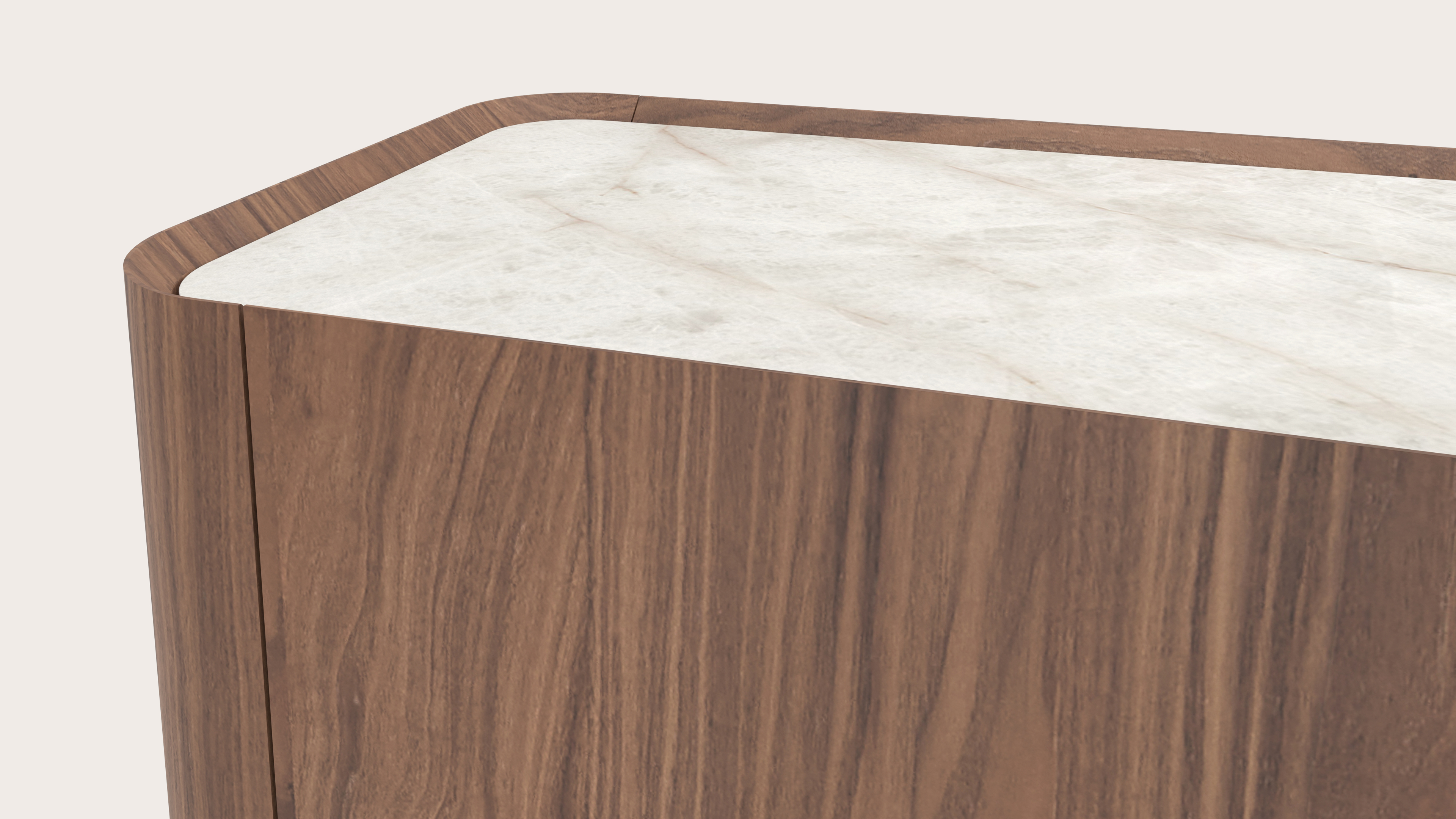 Curvato tv-meubel in walnoot met ronde metalen poten met volkeramisch Ceramo blad in kleur Himalaya 249 x 45 x 52 cm