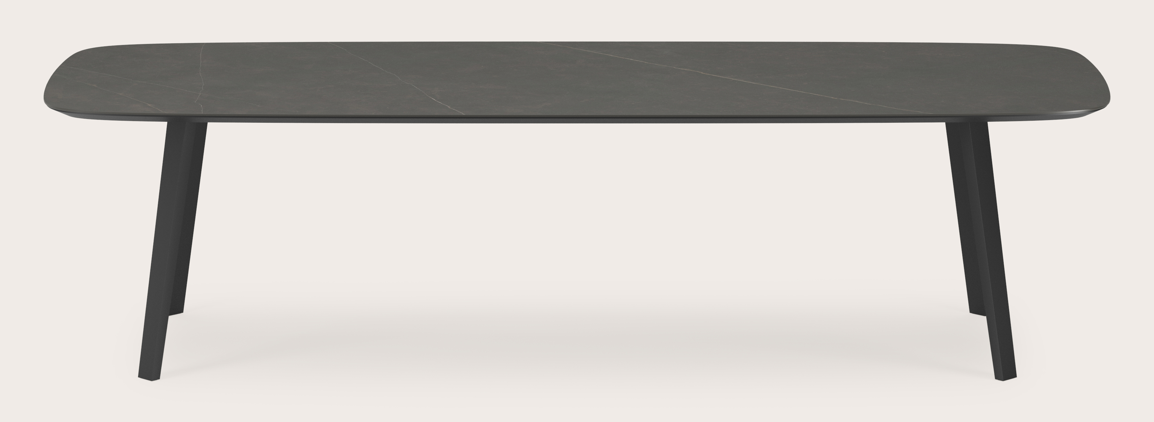 Table de salle à manger Clino armature en métal noir avec plateau Ceramo forme arrondi en céramique en couleur Calatorao 300 x 115 x 77 cm