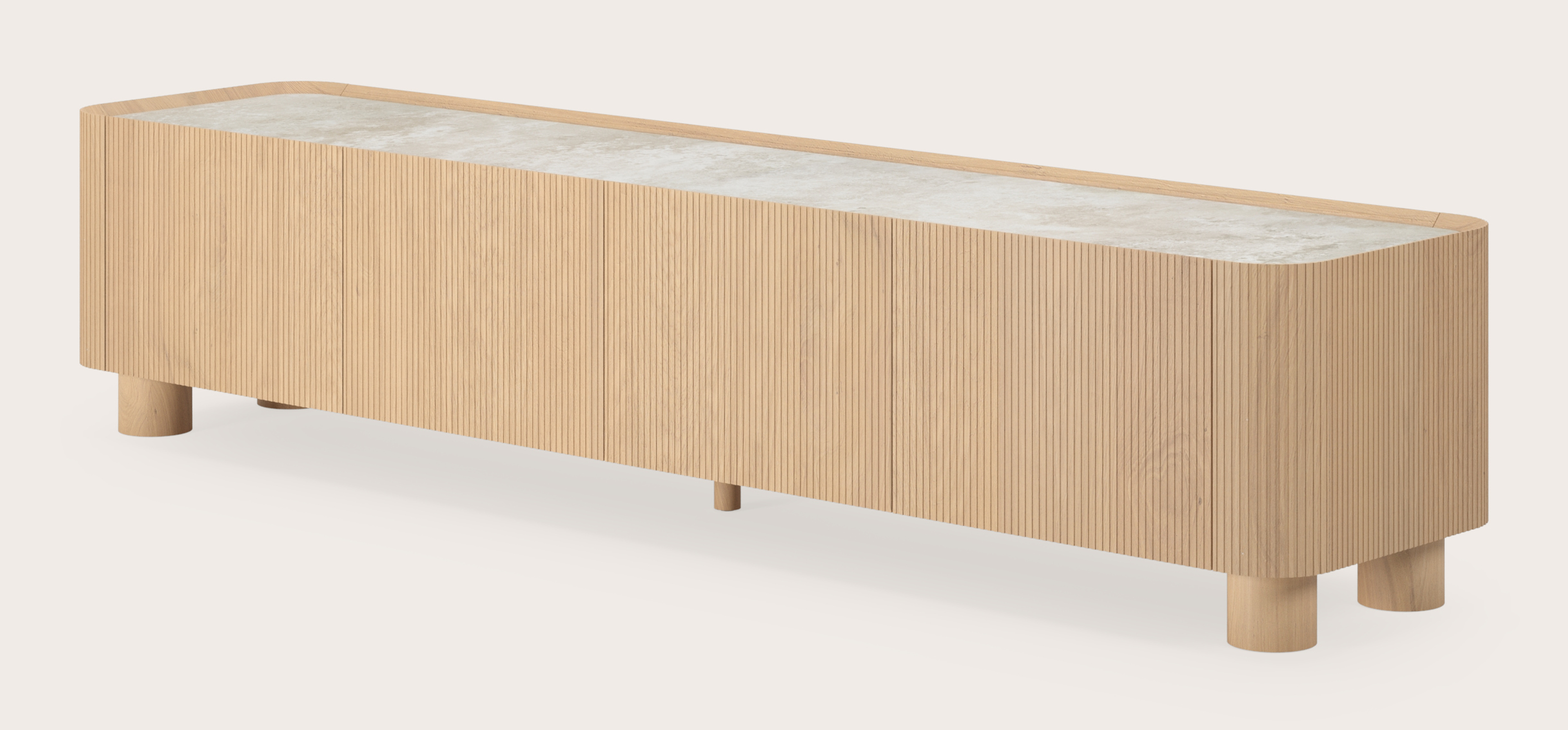 Grivato tv-meubel in natuurkleurige eik met ronde poten met volkeramisch Ceramo blad in kleur Rapolano 203 x 45 cm