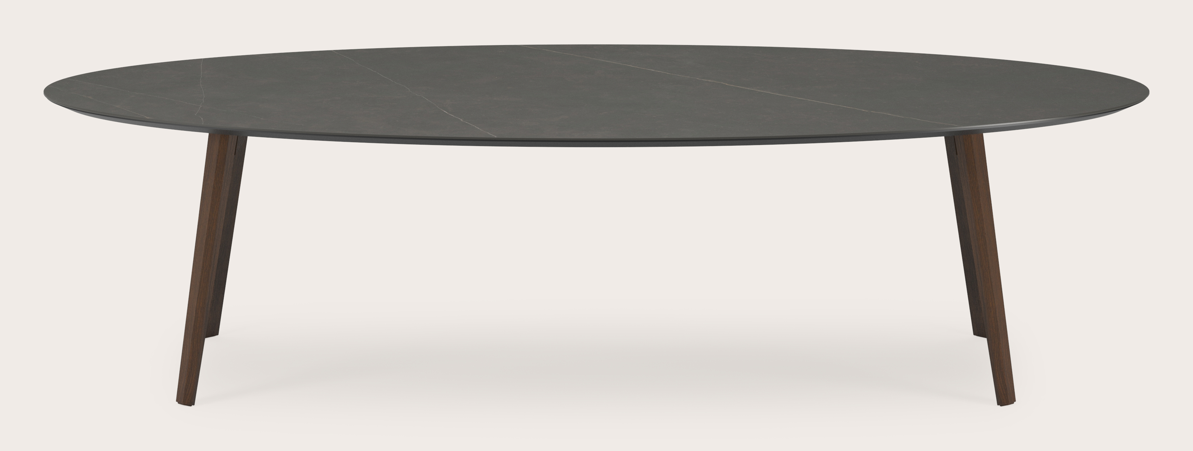 Table de salle à manger Clino armature en chêne fumé avec plateau Ceramo ovale en céramique en couleur Calatorao 300 x 140 x 77 cm