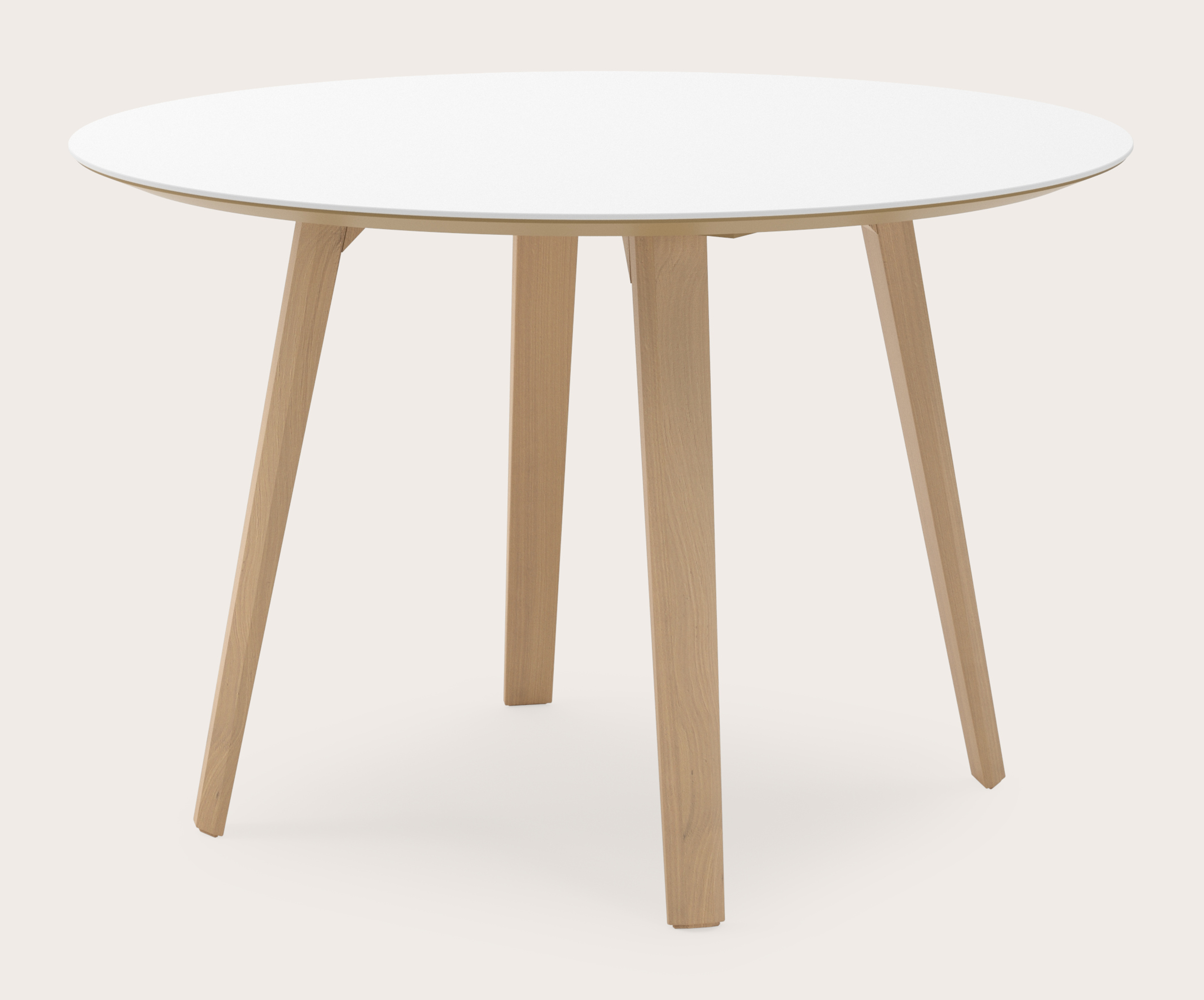 Eettafel Clino onderstel in natuurkleurige eik met rond volkeramisch Ceramo blad in kleur Arctic White Ø120 x 77 cm