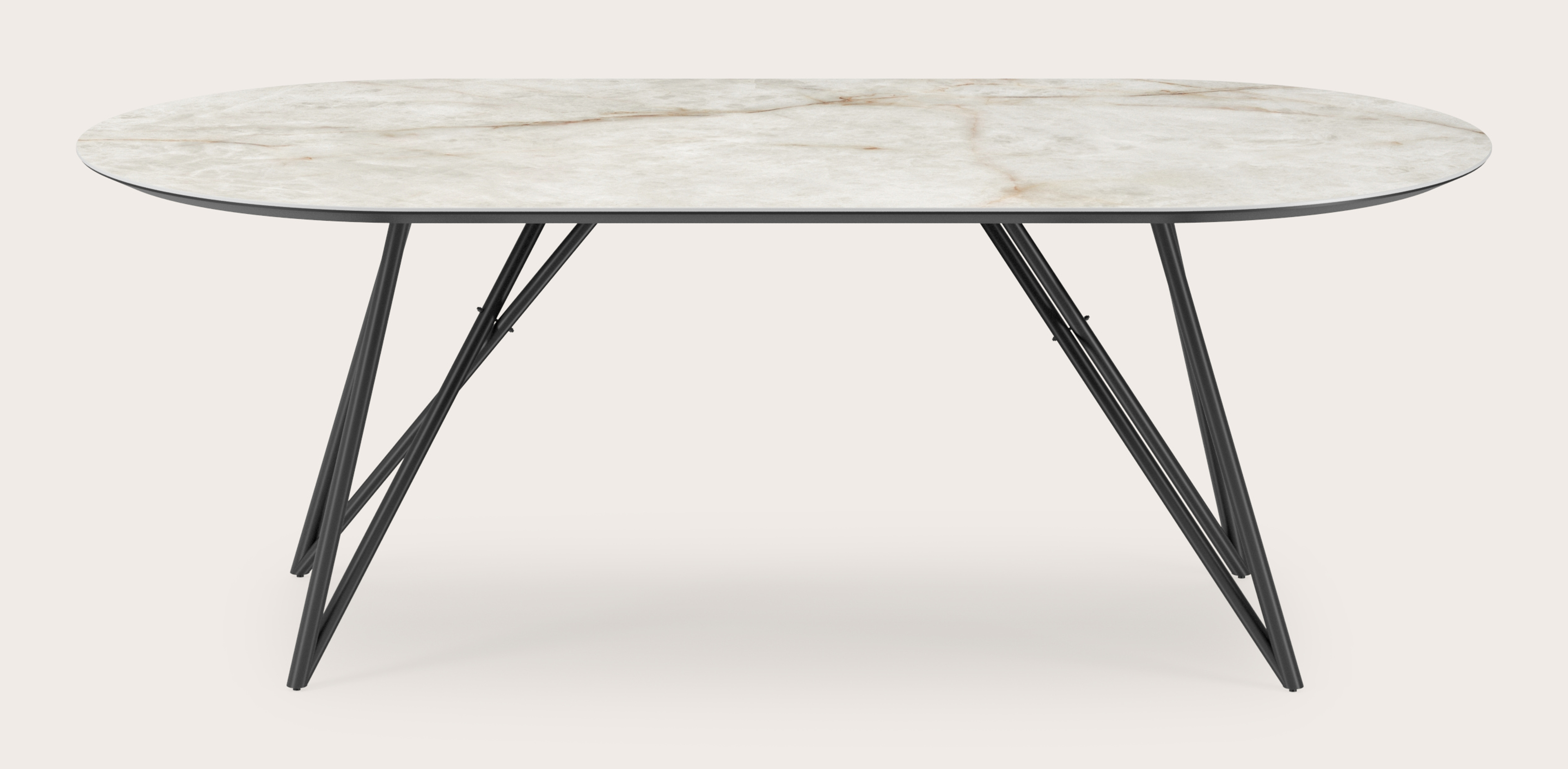 Eettafel Ragno onderstel in zwart metaal met plat ovaal volkeramisch Ceramo blad in kleur Himalaya 220 x 110 x 77 cm