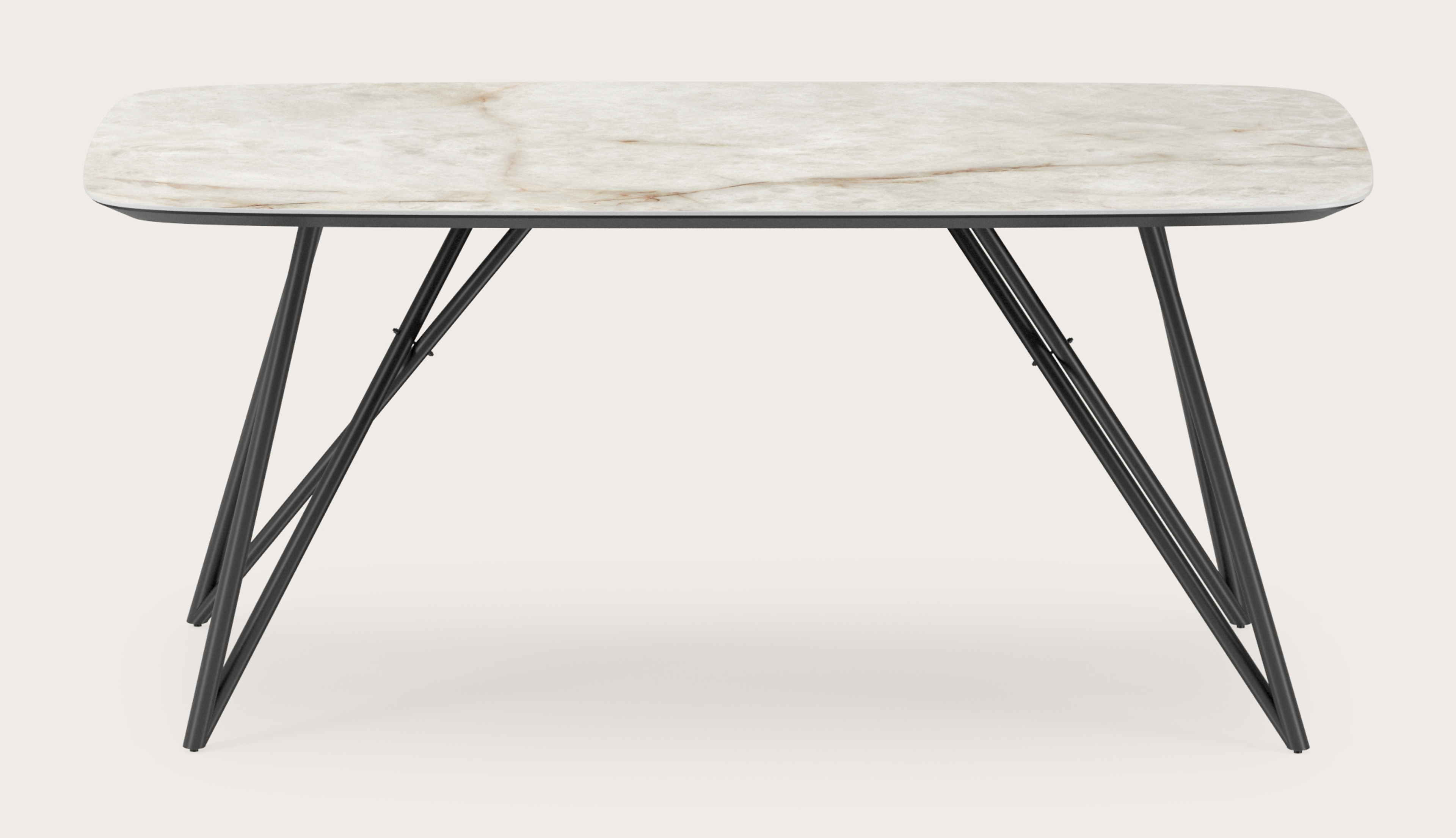 Eettafel Ragno onderstel in zwart metaal met bootvormig volkeramisch Ceramo blad in kleur Himalaya 180 x 100 x 77 cm