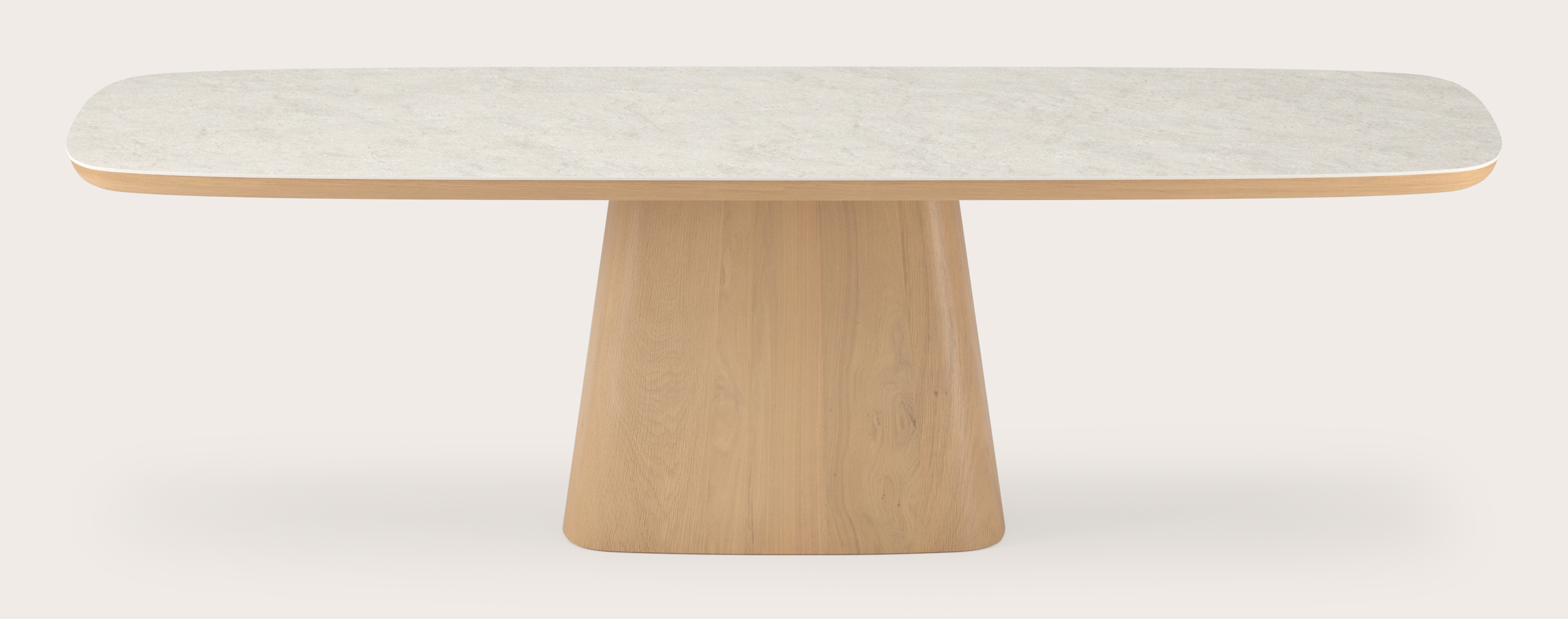 Eettafel Amato Cuadro onderstel in chêne couleur naturelle avec plateau Ceramo forme arrondie en céramique en couleur Shilin 260 x 110 x 77 cm