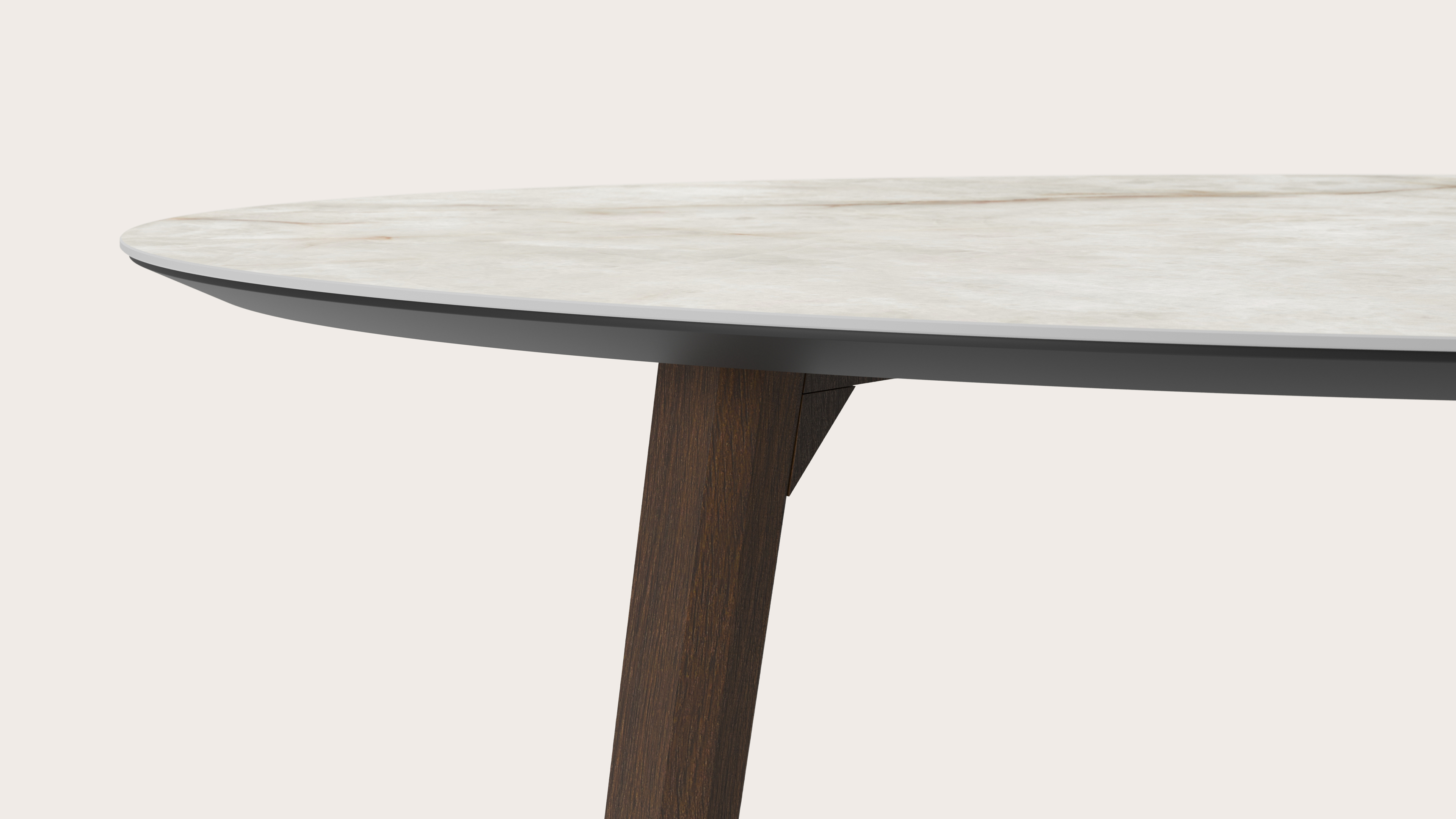 Eettafel Clino onderstel in gerookte eik met ovaal volkeramisch Ceramo blad in kleur Himalaya 180 x 110 x 77 cm