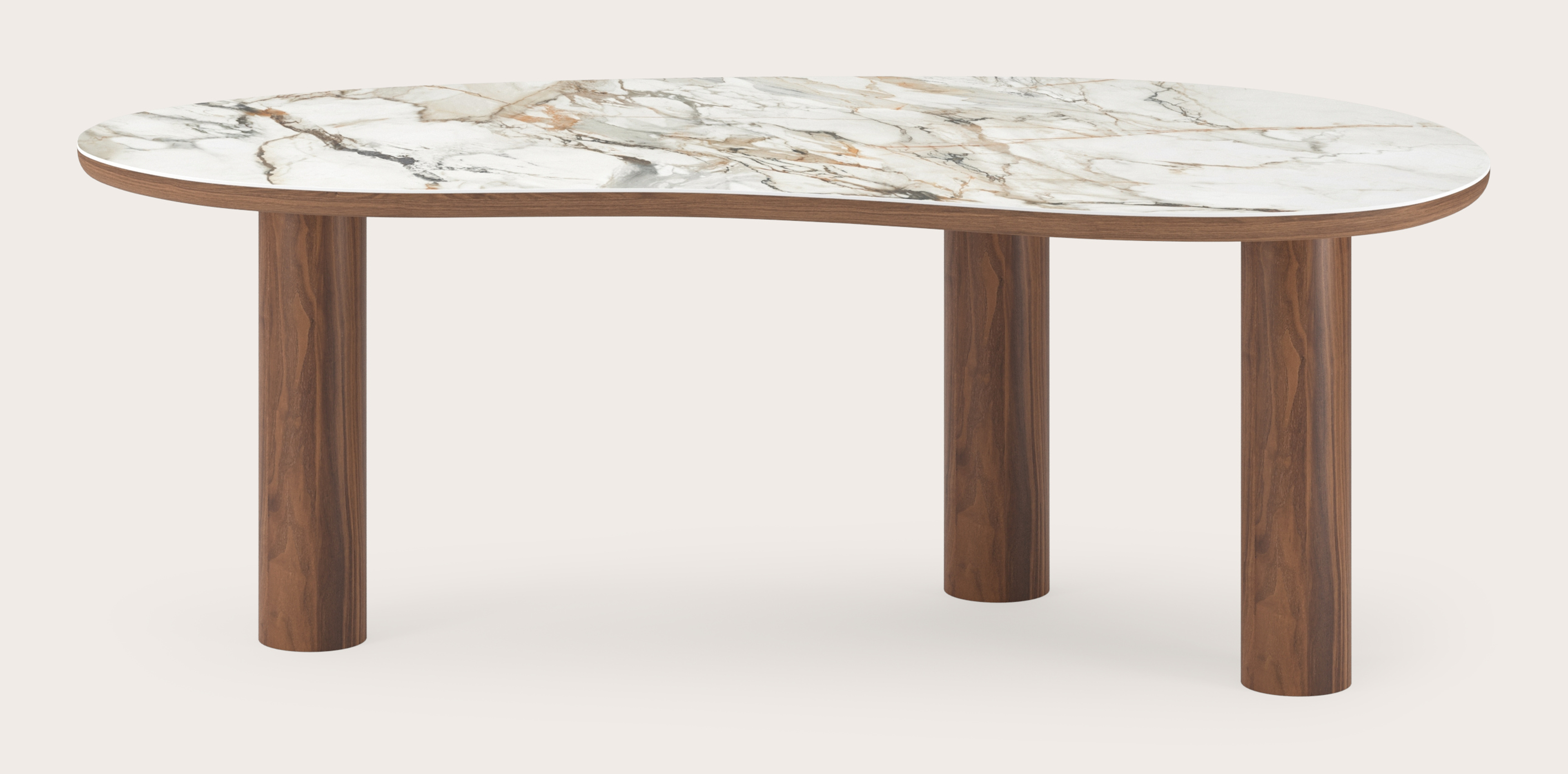 Eettafel Amato Rondo onderstel in walnoot met Blobvormig volkeramisch Ceramo blad in kleur Calacatta Luxe 220 x 112 x 77 cm