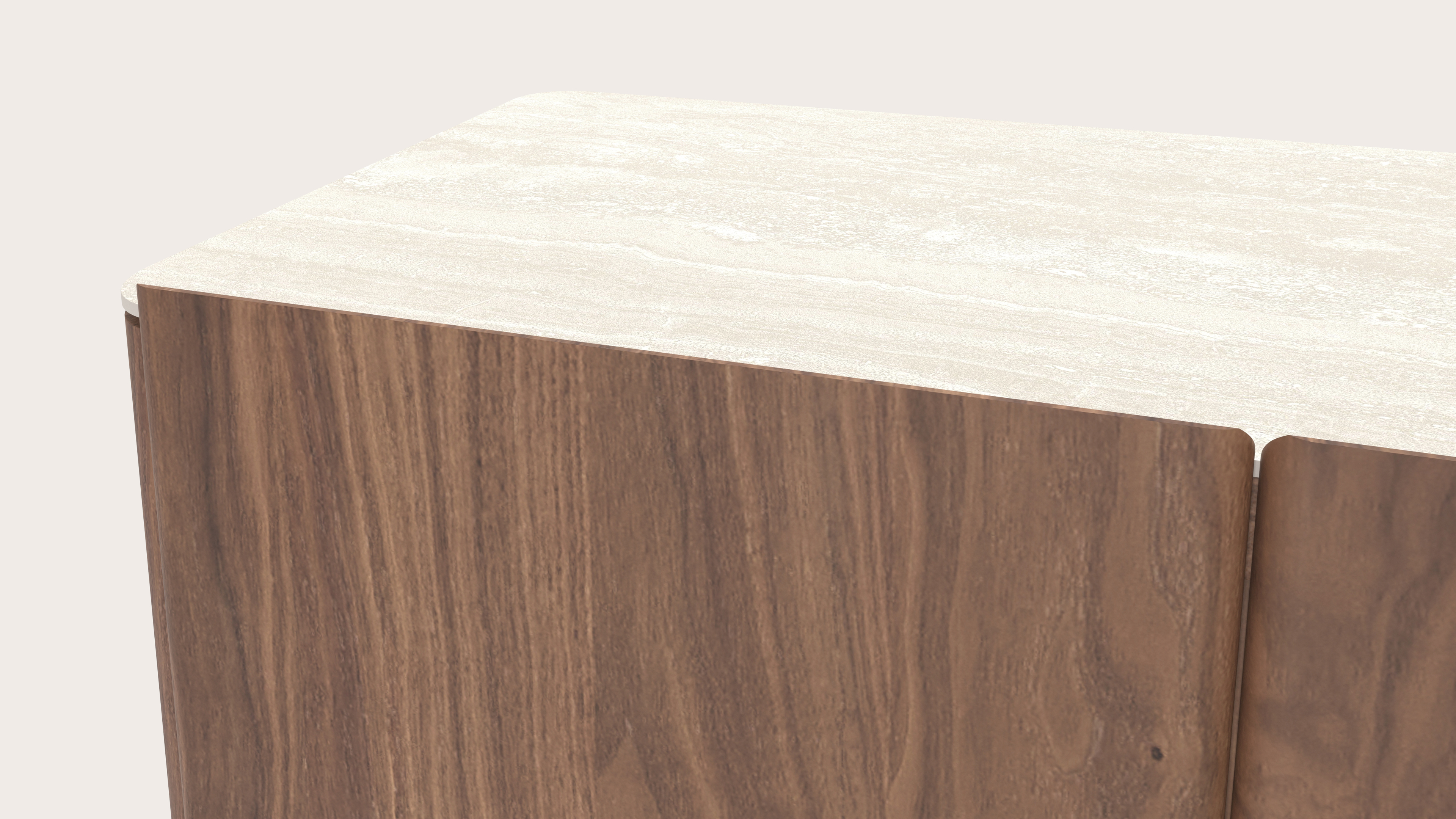 Belloni dressoir in walnoot met bovenblad in Travertin met ronde houten poten 180x47x62cm