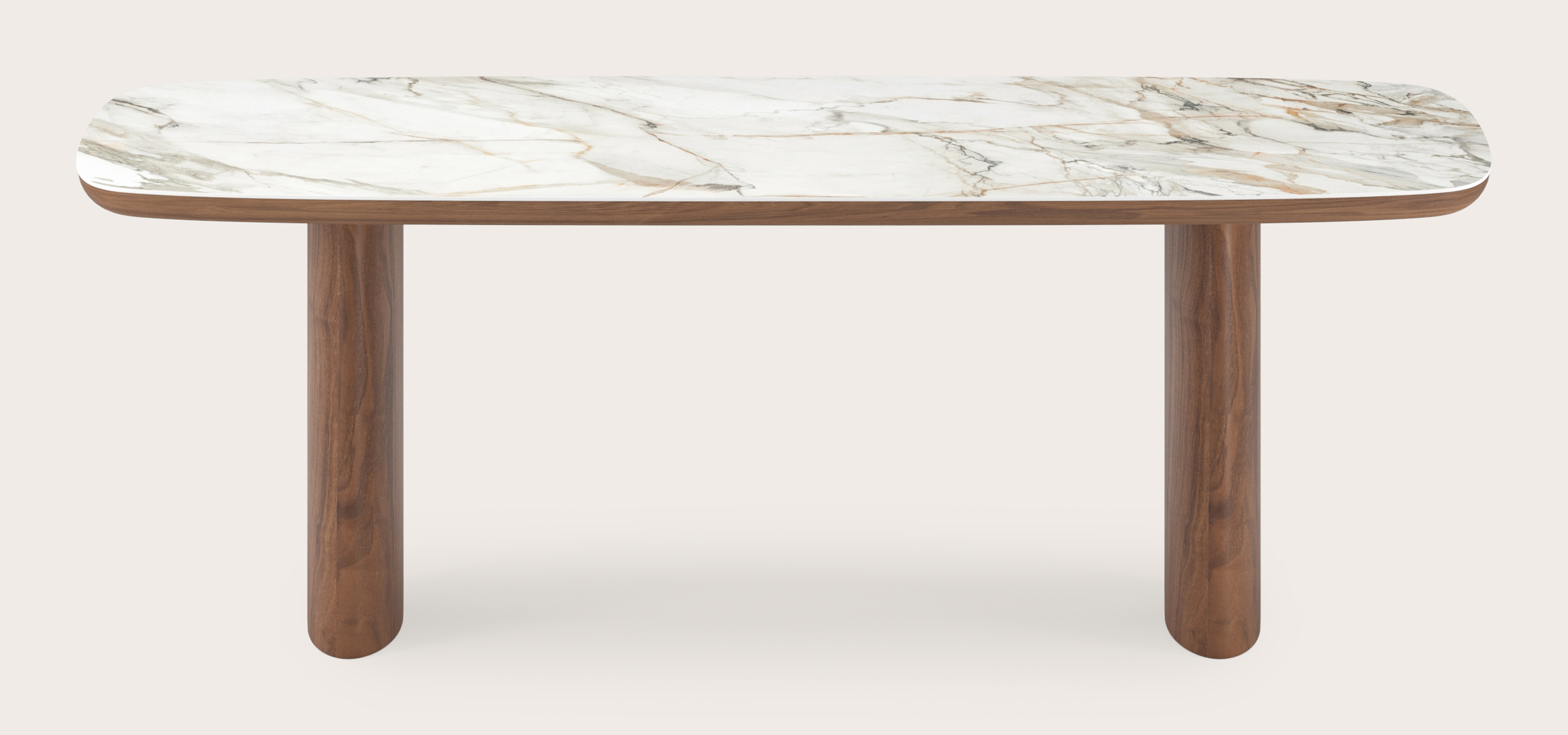 Eettafel Amato Ellipso onderstel in walnoot met bootvormig volkeramisch Ceramo blad in kleur Calacatta Luxe 220 x 105 x 76 cm