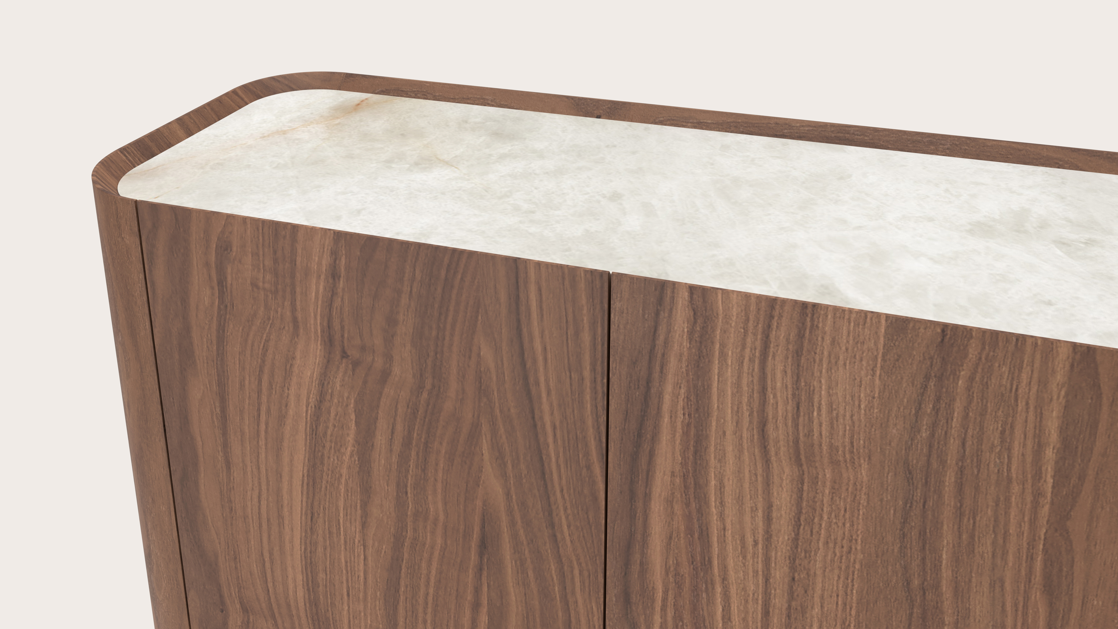 Curvato halkast in walnoot met volkeramisch Ceramo blad in kleur Himalaya 138x36x78cm