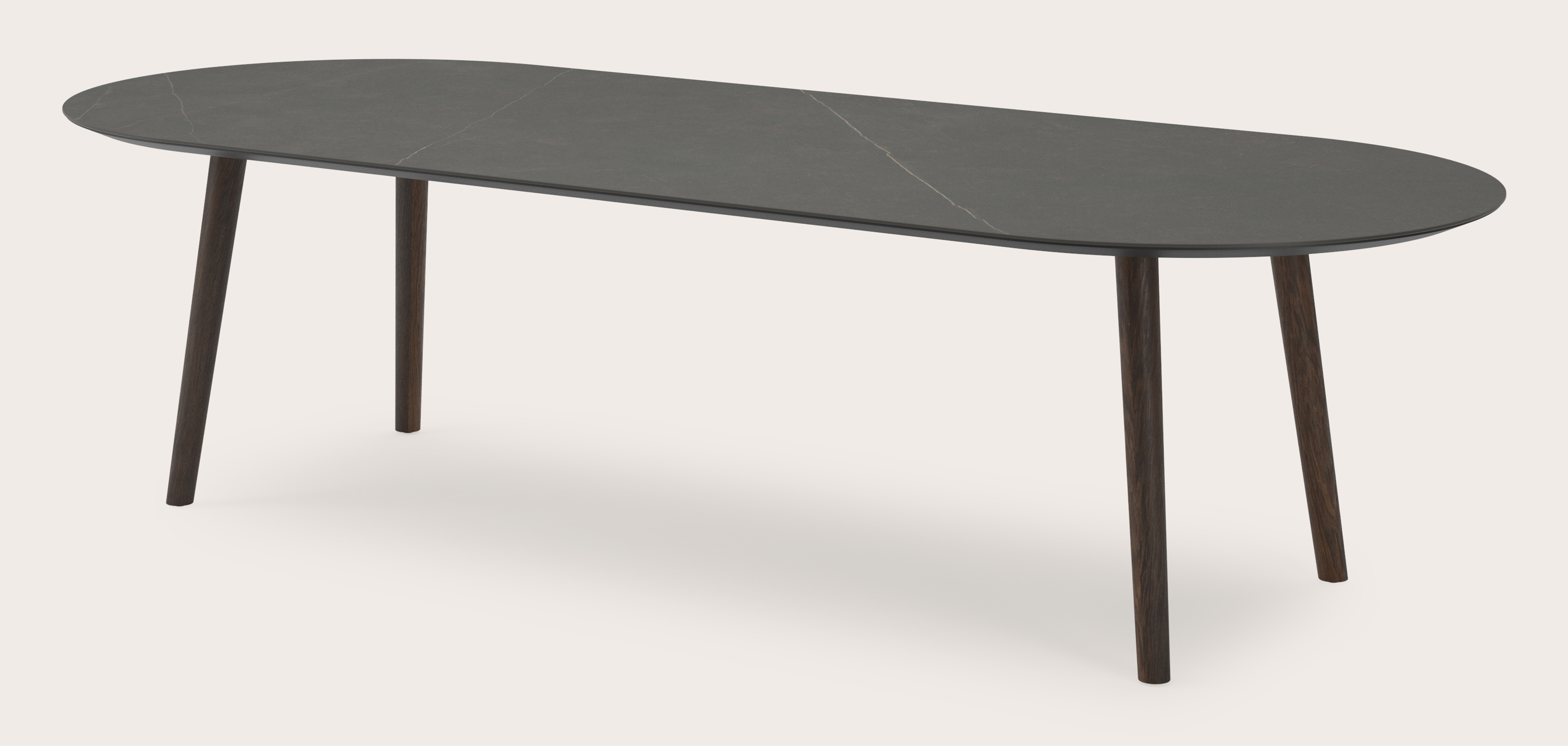 Table de salle à manger Conico armature en chêne fumé avec plat plateau Ceramo ovale en céramique en couleur Calatorao 300 x 120 x 77 cm