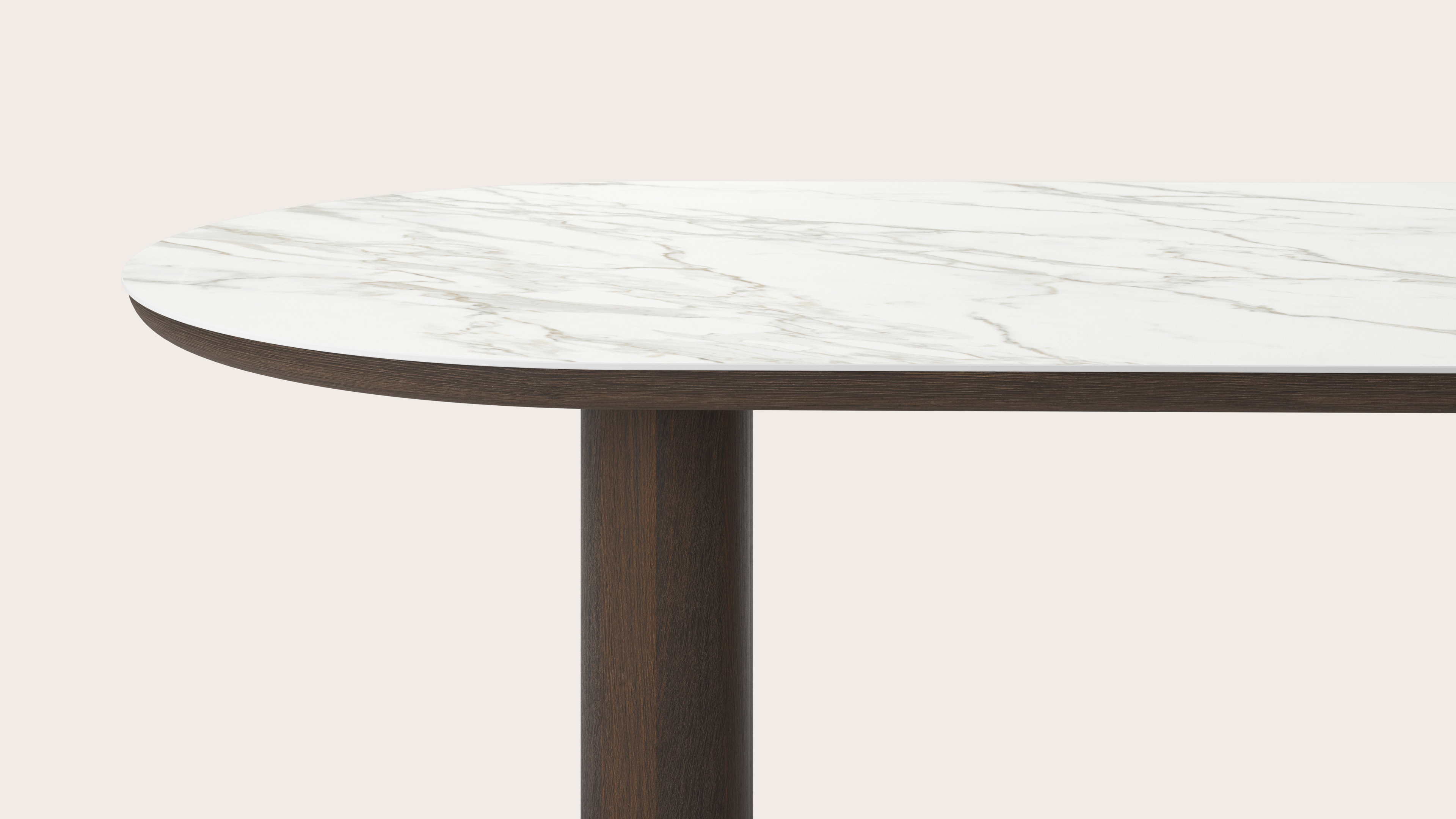 Table de salle à manger Amato Rondo armature en chêne fumé avec plateau Ceramo ovale plat en céramique en couleur Calacatta 260 x 115 x 76 cm
