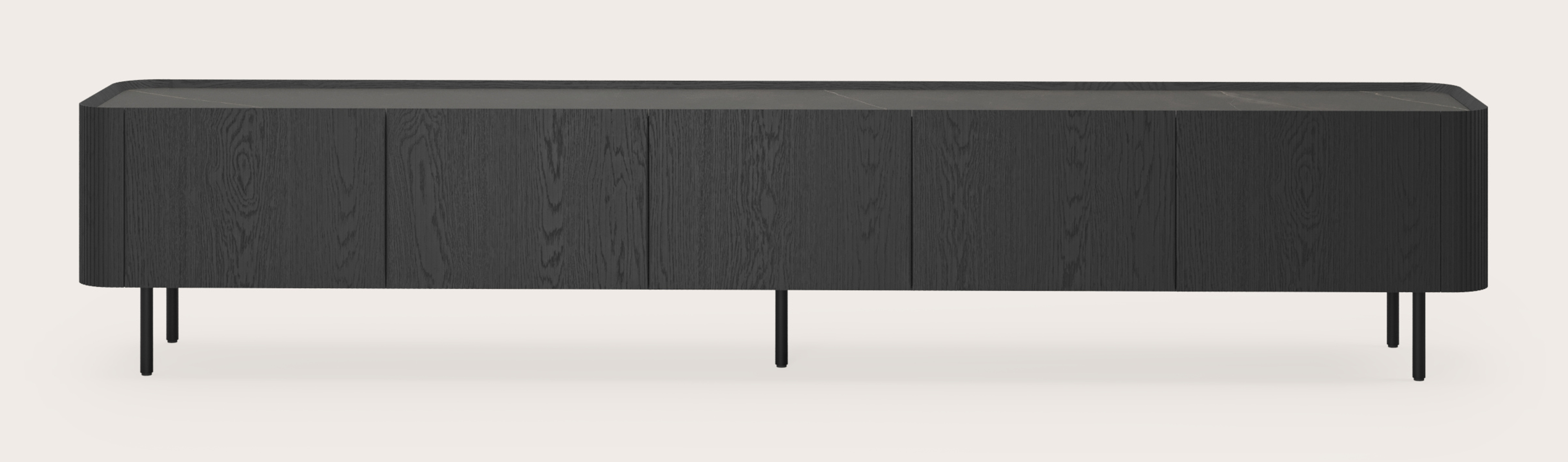 Grivato tv-meubel in zwarte eik met ronde poten met volkeramisch Ceramo blad in kleur Calatorao 269 x 45 cm
