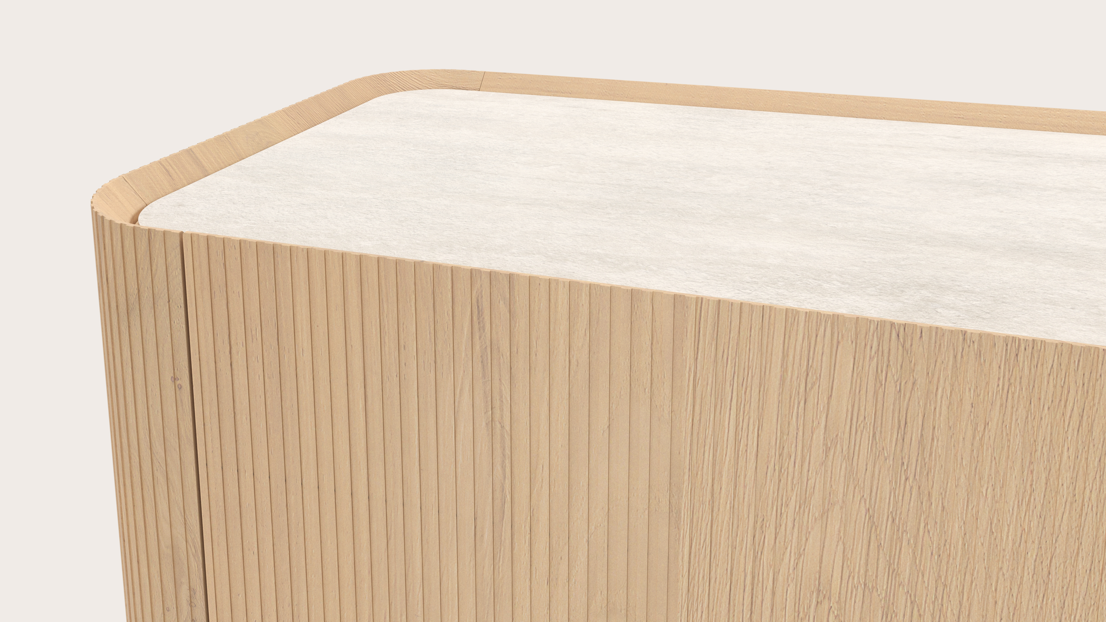 Buffet Grivato en chêne couleur naturelle avec pieds ronds avec plateau Ceramo rond en céramique en couleur Travertino Bianco 203 x 45 cm