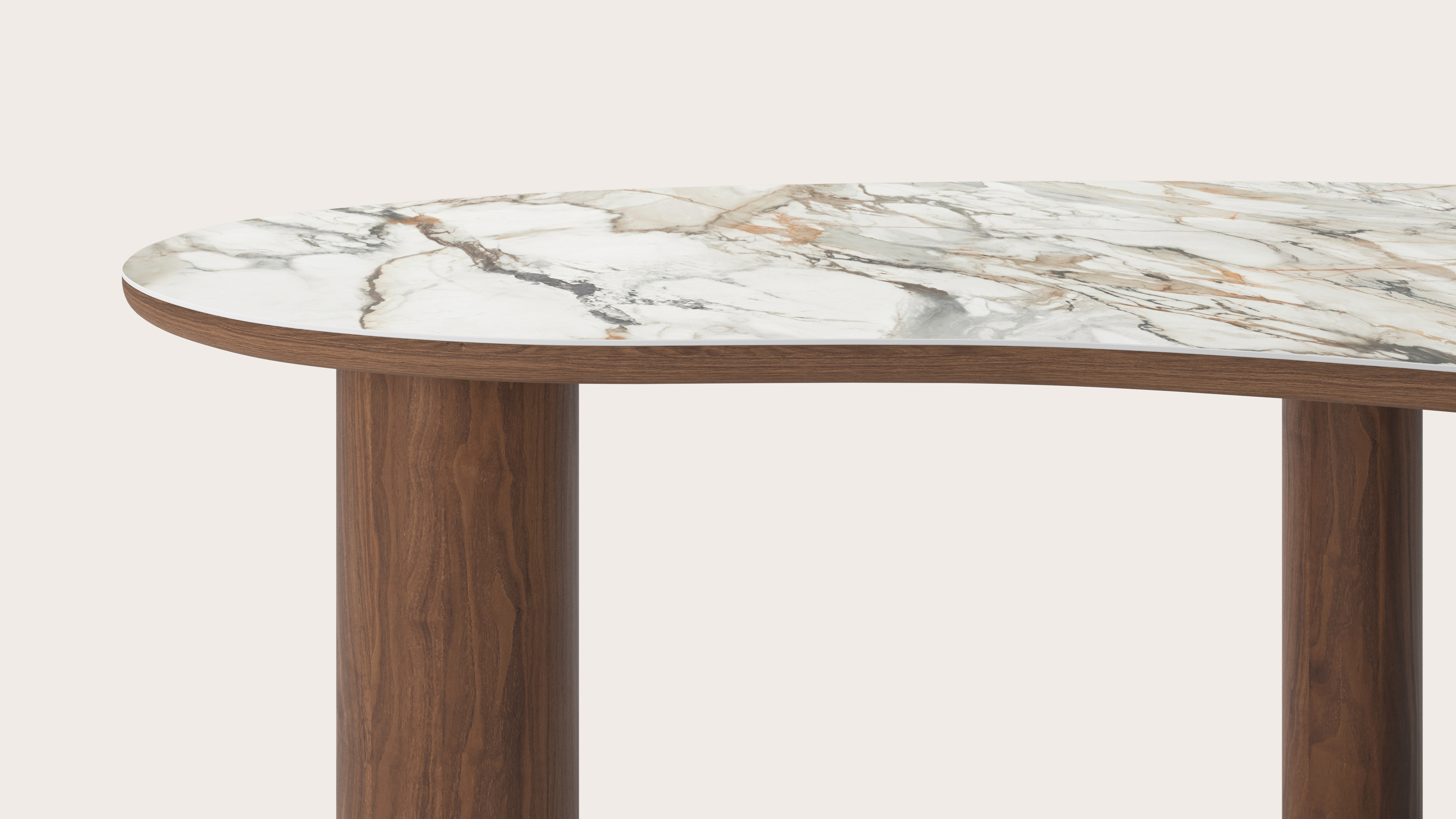 Eettafel Amato Rondo onderstel in walnoot met Blobvormig volkeramisch Ceramo blad in kleur Calacatta Luxe 220 x 112 x 77 cm