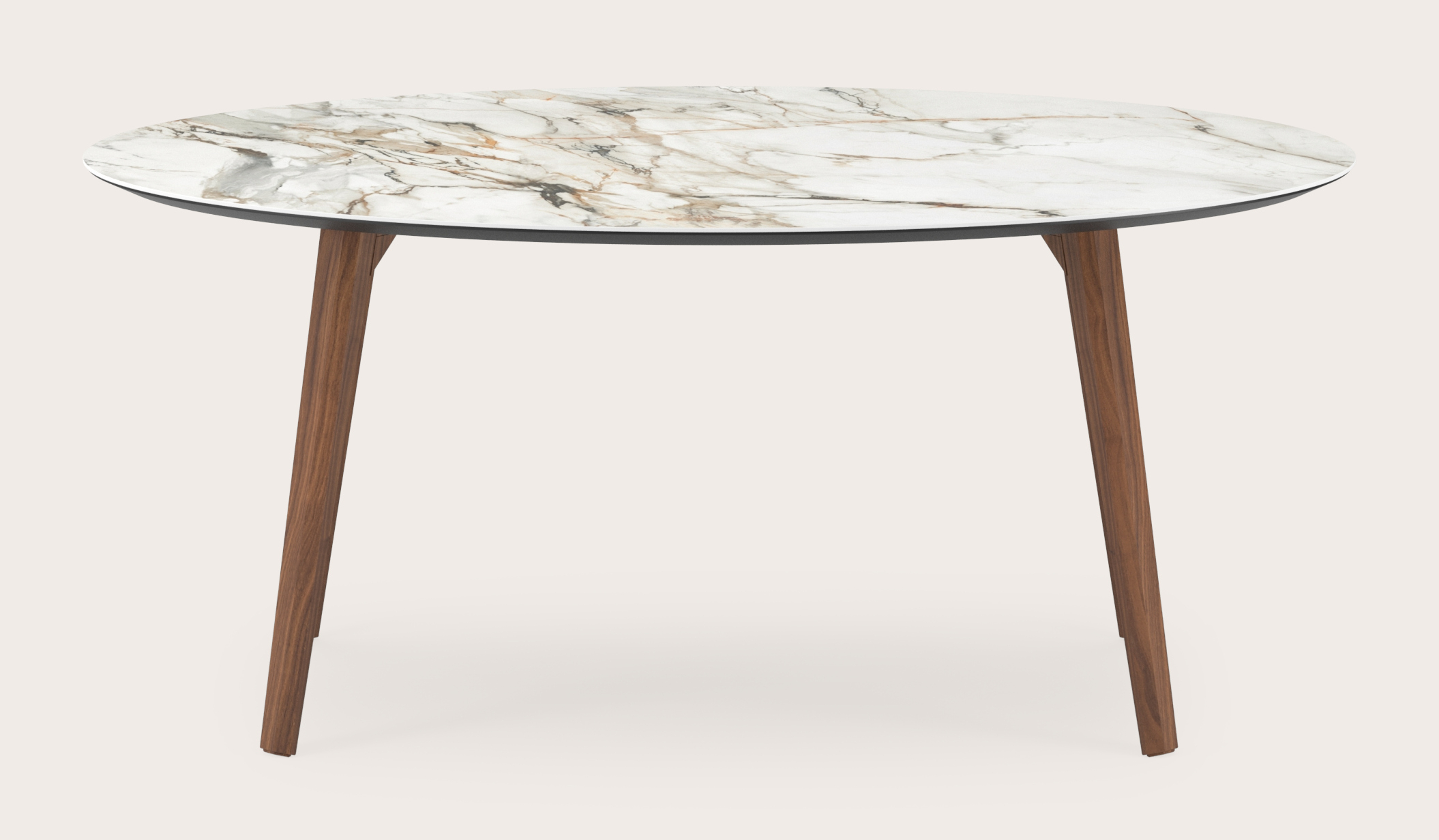 Eettafel Clino onderstel in walnoot met ovaal volkeramisch Ceramo blad in kleur Calacatta Luxe 180 x 110 x 77 cm