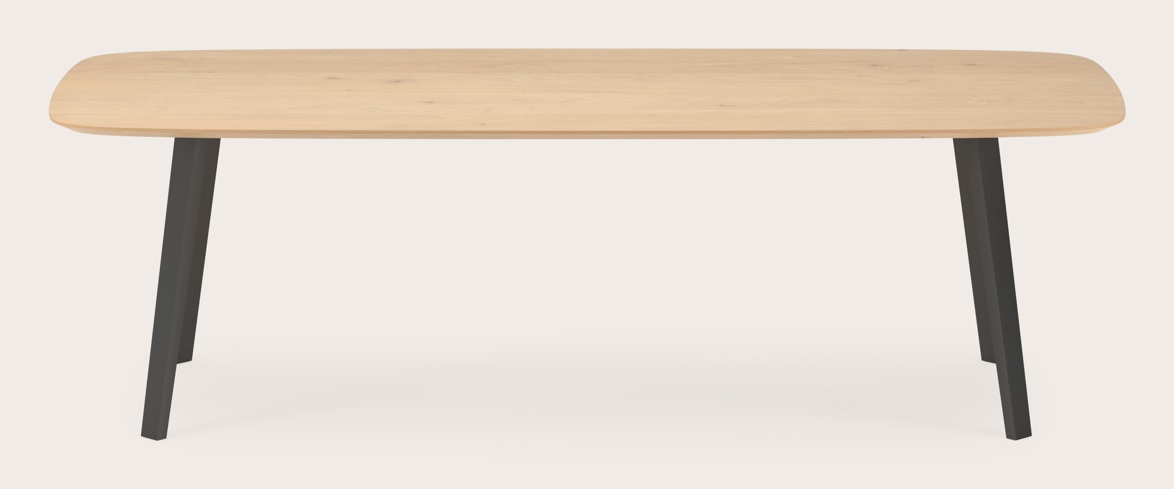 Eettafel Clino onderstel in zwart metaal met bootvormig Finesso blad in natuurkleurige eik 260 x 110 x 77 cm