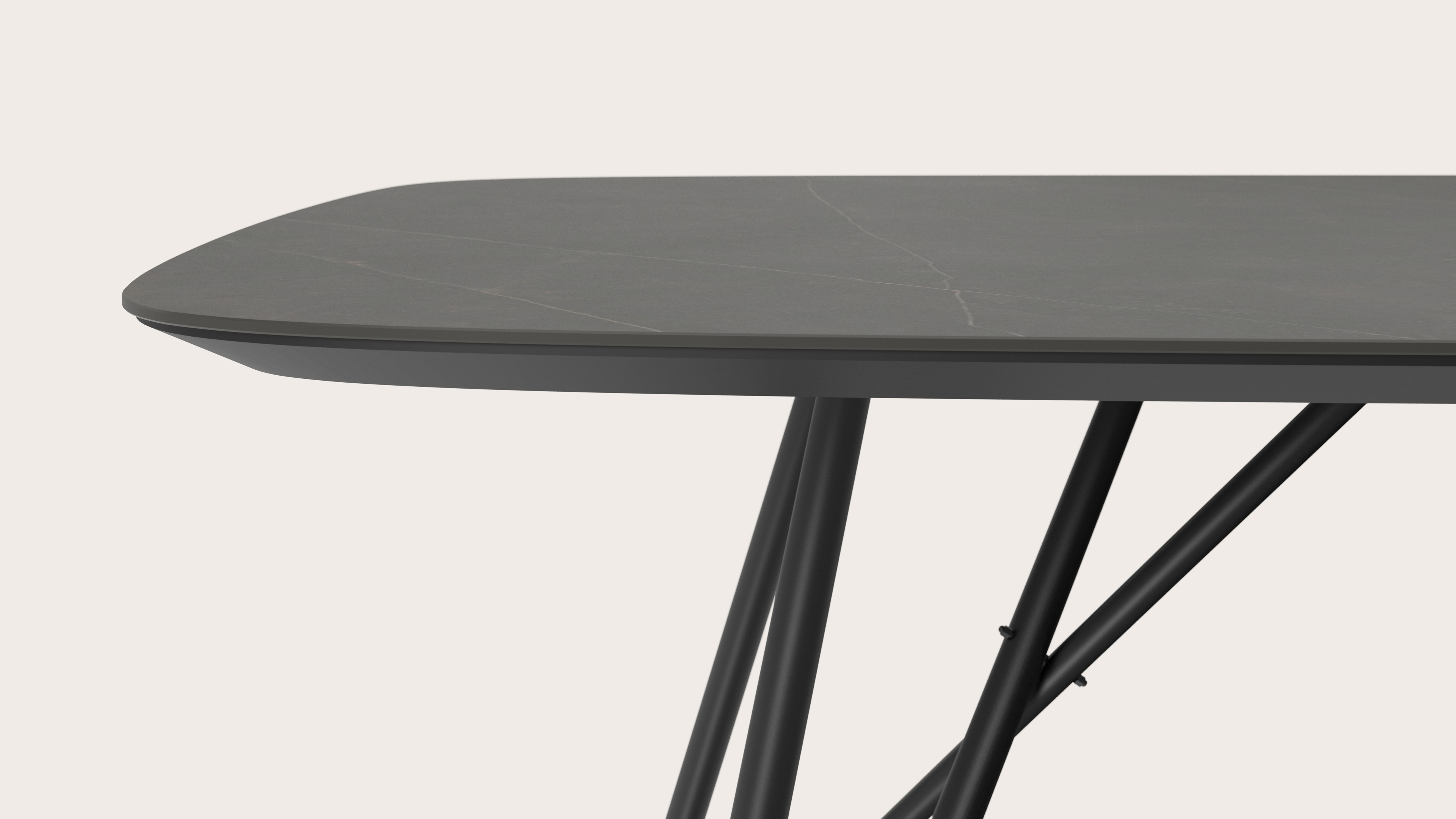 Table de salle à manger Ragno armature en métal noir avec plateau Ceramo forme arrondi en céramique en couleur Calatorao 260 x 110 x 77 cm